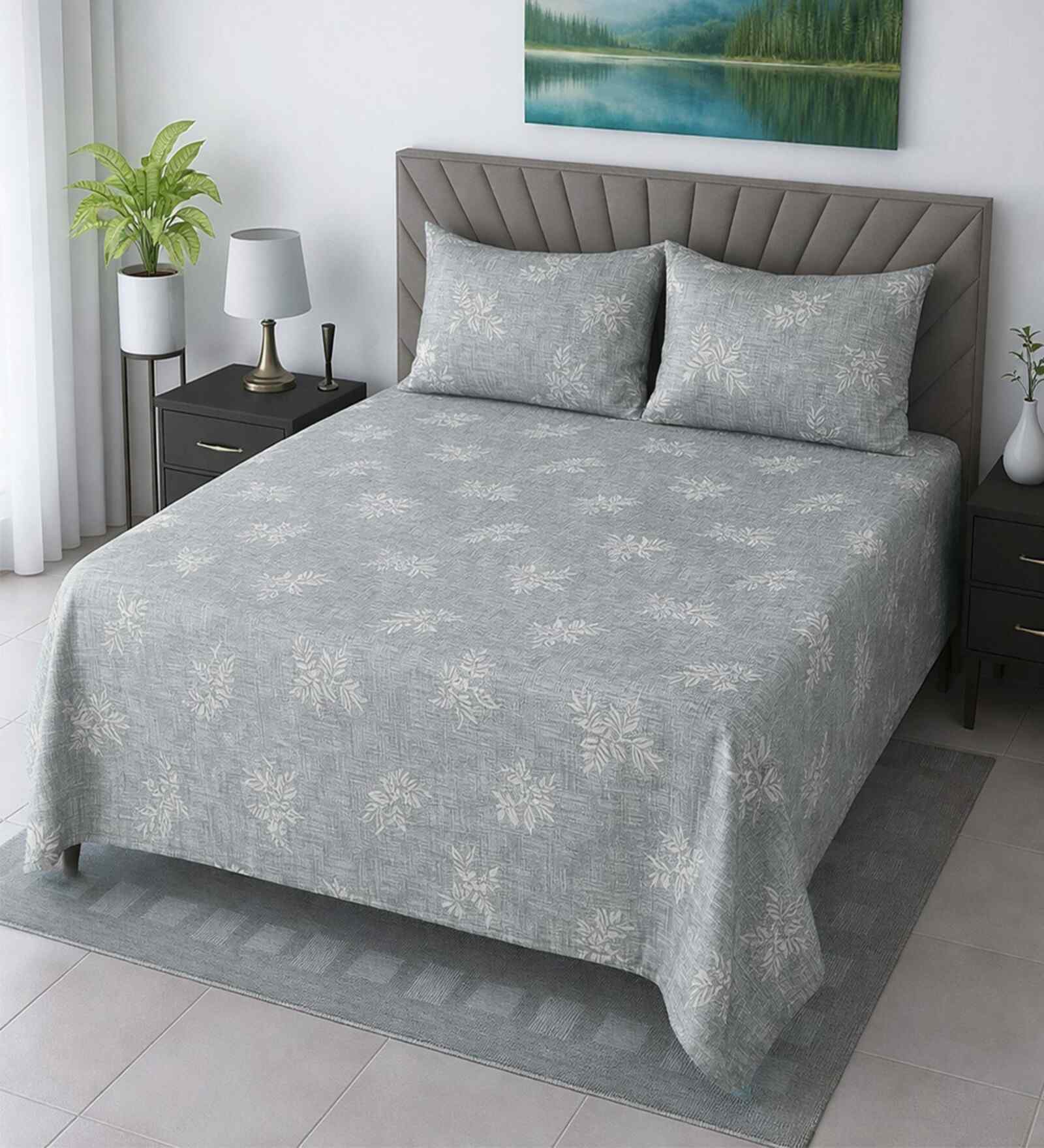 Green Floral 400 Tc Cotton Super King Size Bedsheet With 2 Pillow Covers