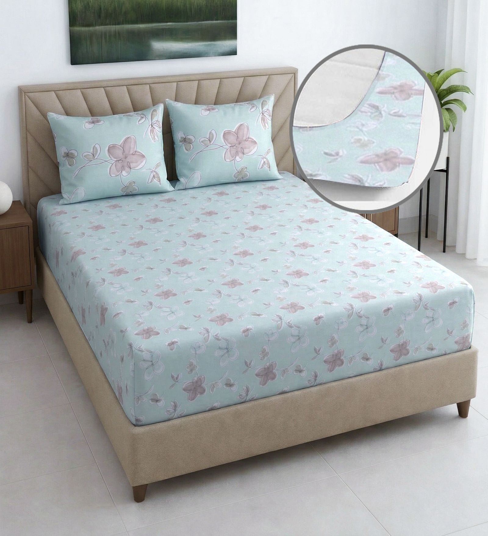 Green Shade Floral 400 TC Cotton Superking Size Fitted Bedsheet With 2 Pillow Covers