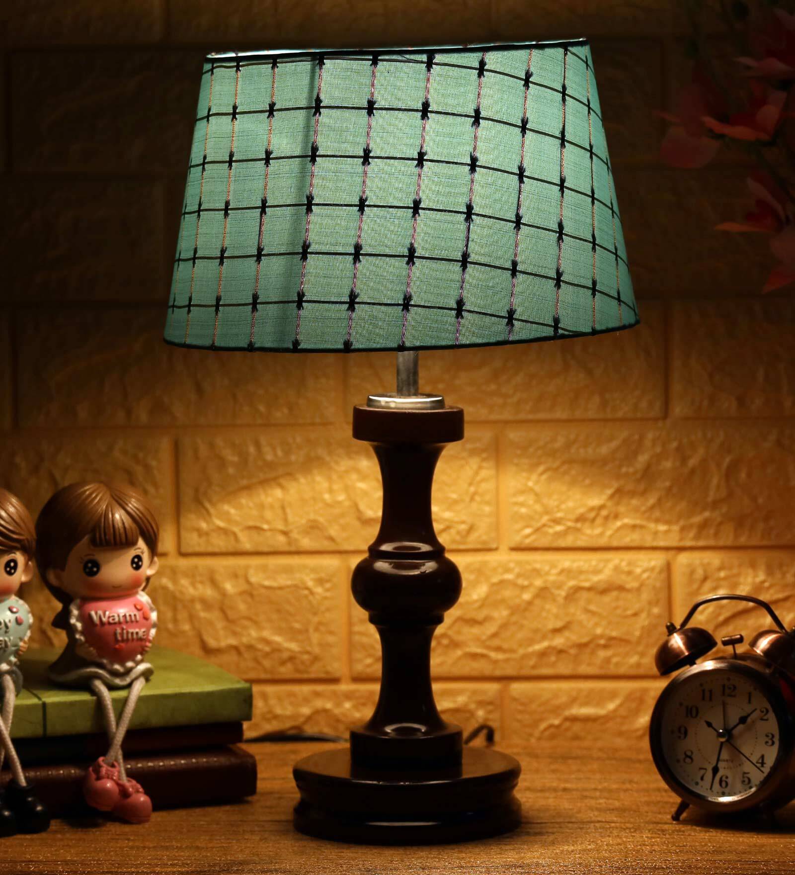 Admiration Green Fabric Shade Night Lamp With Wood Base