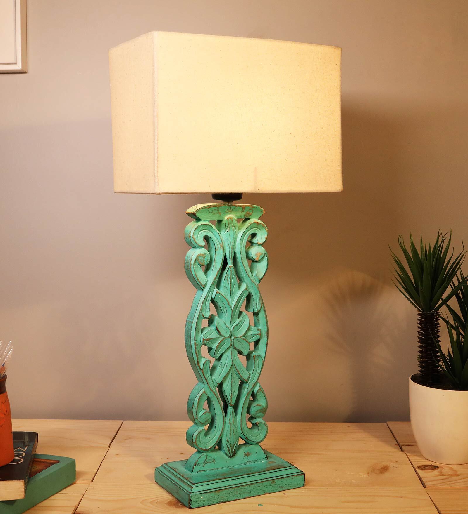 Green Shade Table Lamp With Wooden Base