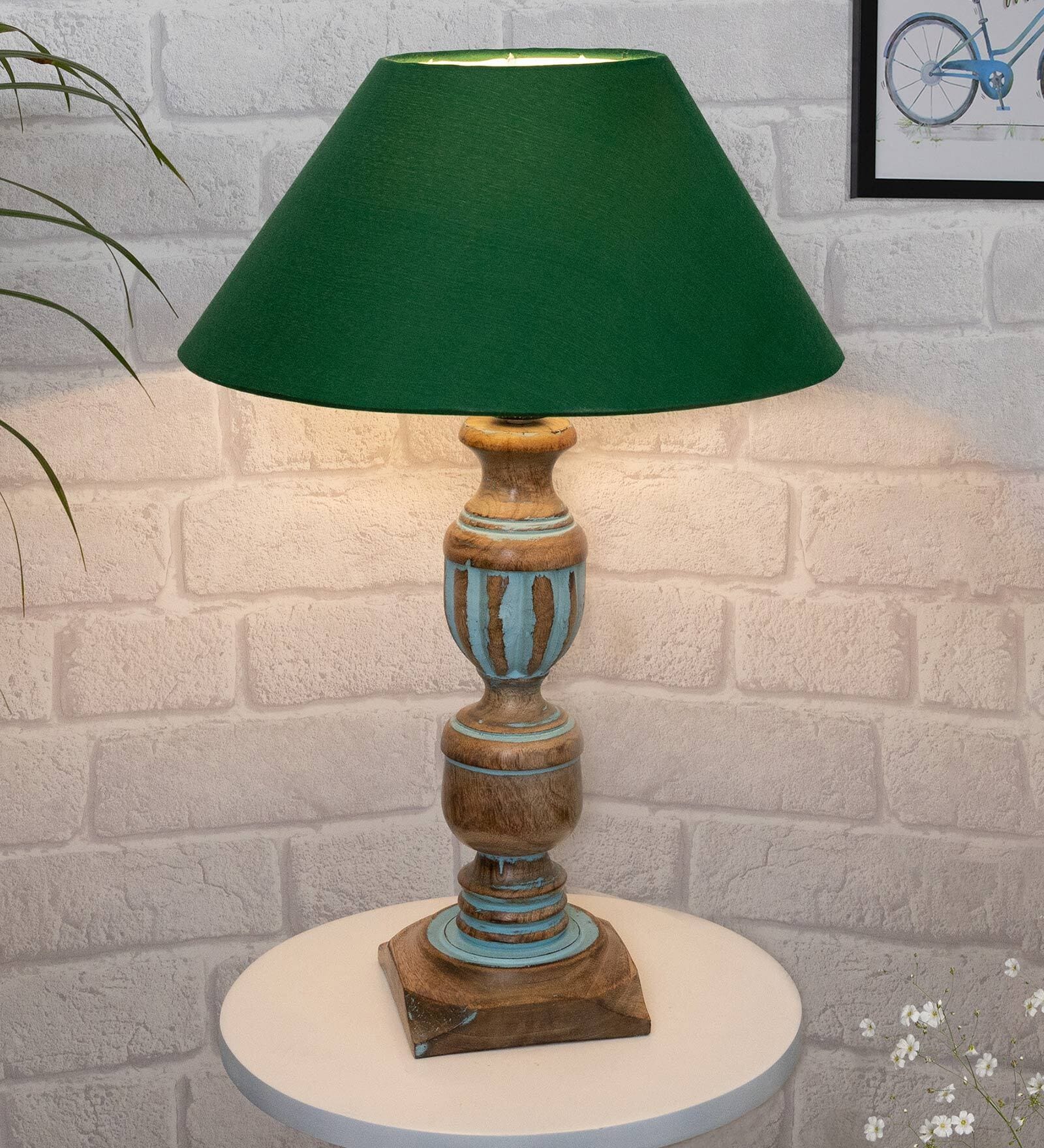 Green Shade Table Lamp With Wooden Base