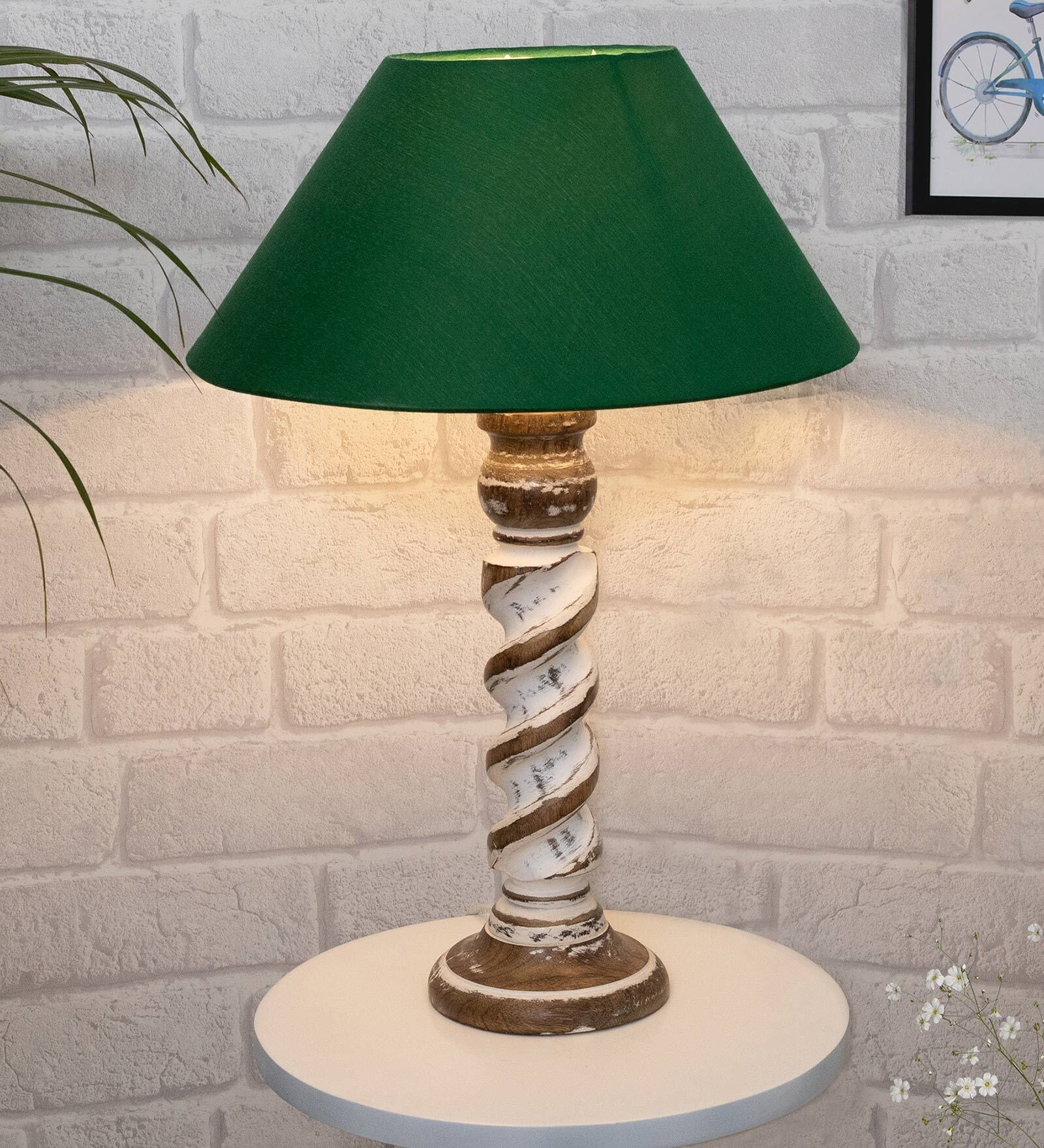 Green Shade Table Lamp With Wooden Base