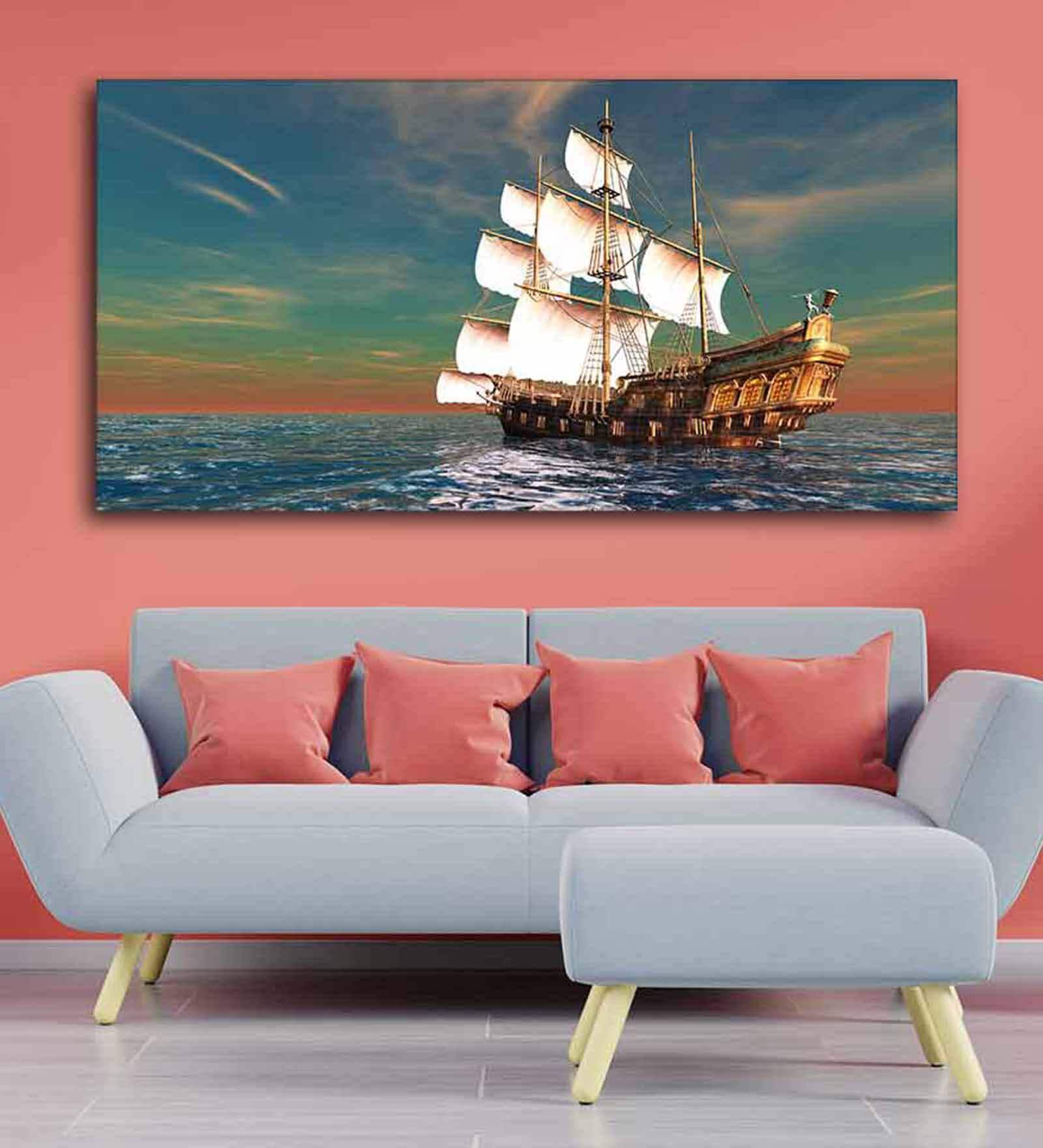 Green Ship On The Ocean Canvas Wall Painting