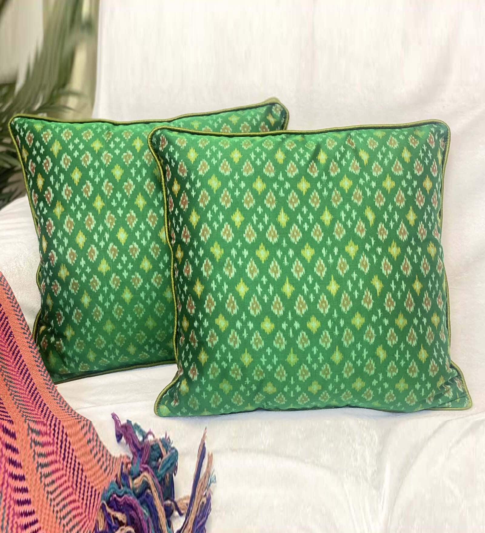 Green Traditional Ethnic Silk 16 x 16 Inches Cushion Covers (Set of 2)