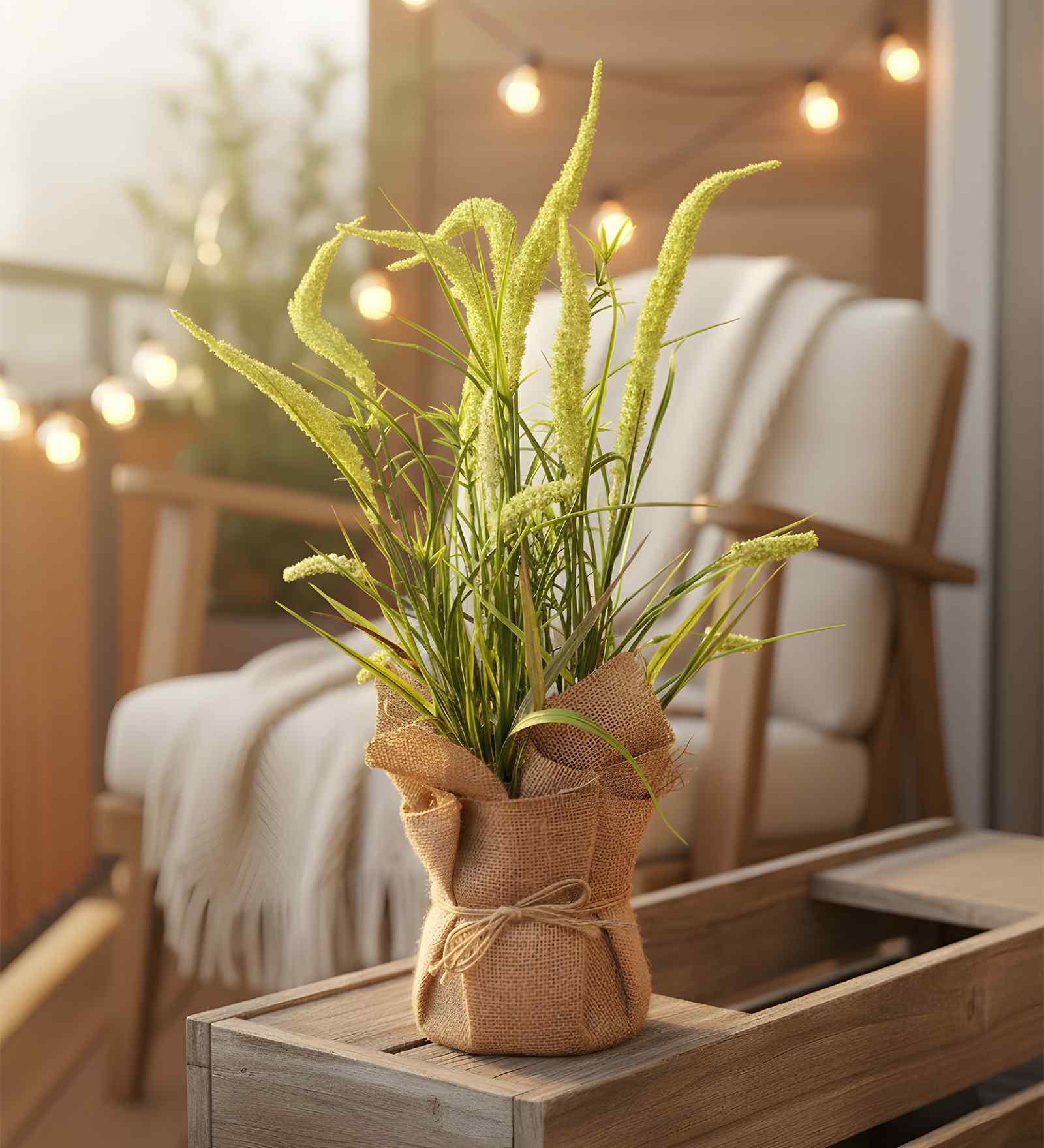 Green Silk Plastic And Jute Artificial Foxtail Grass Arrangement Flower Bunch With Jute Wrap