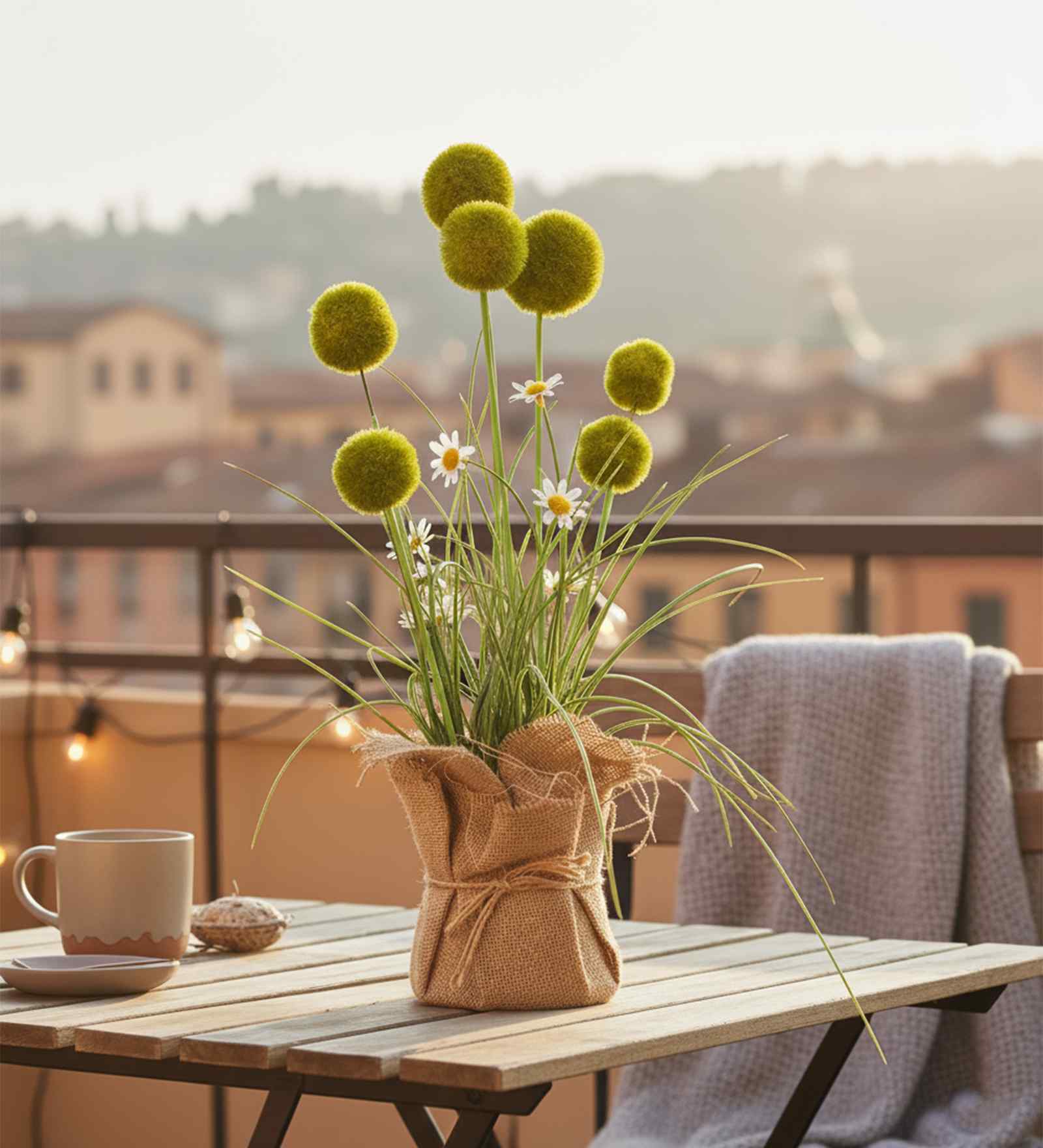 Green Silk Plastic And Jute Chic Artificial Dandelion Arrangement Flower Bunch With Jute Wrap