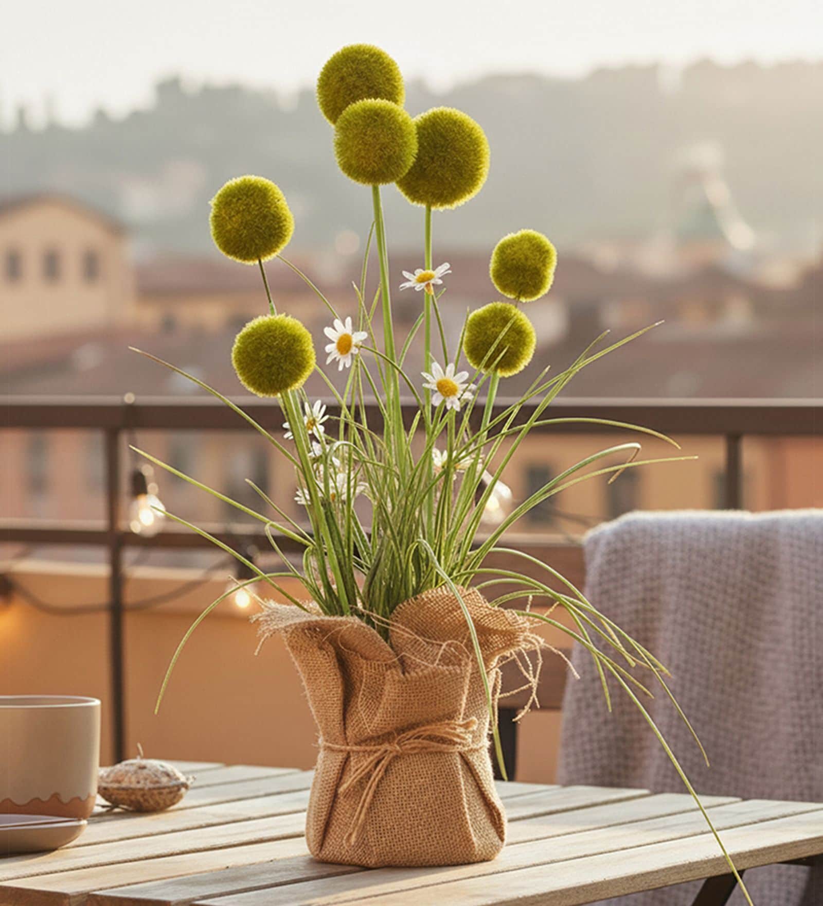 Green Silk Plastic And Jute Chic Artificial Dandelion Arrangement Flower Bunch With Jute Wrap