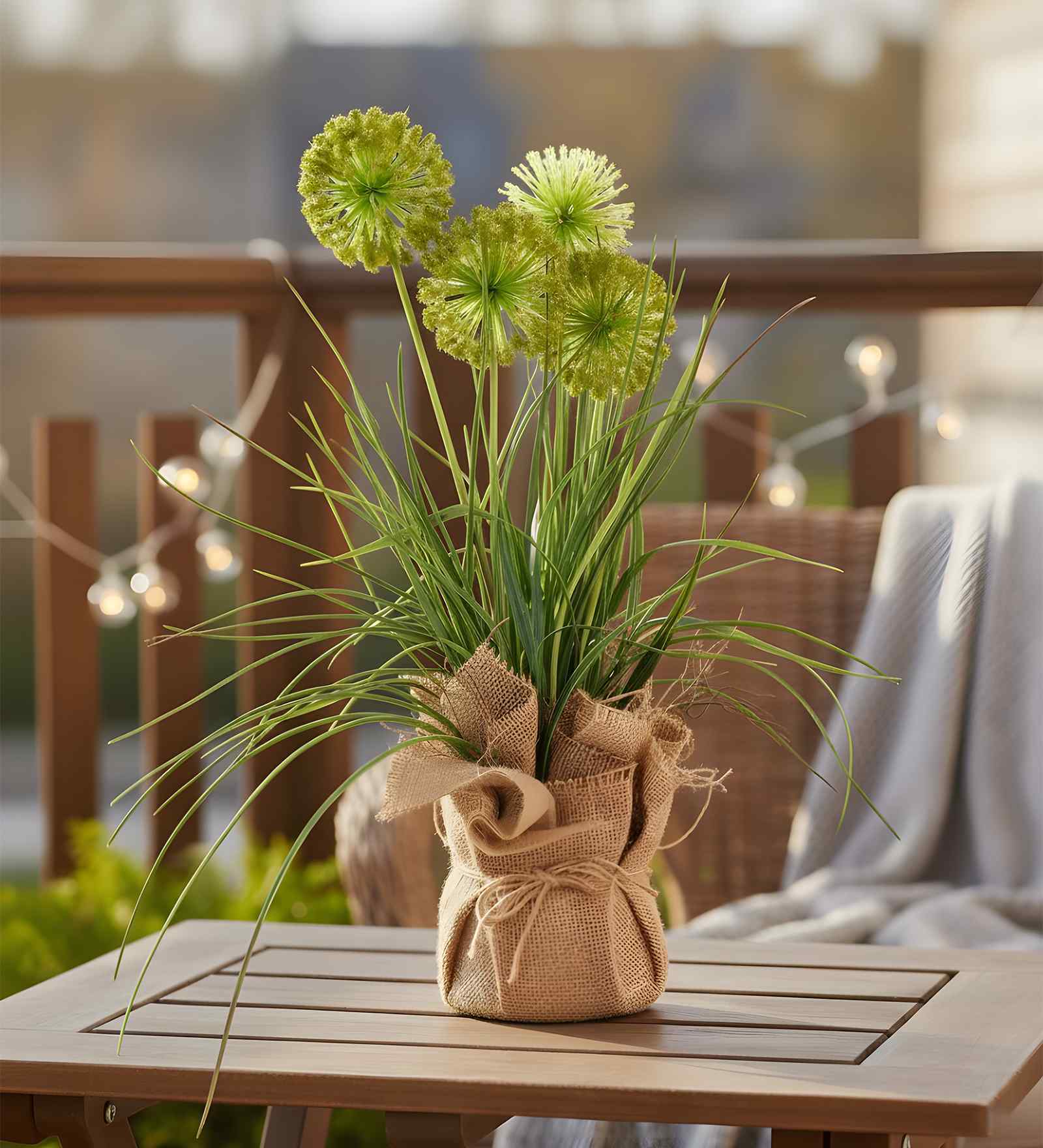 Green Silk Plastic And Jute Faux Allium Flower Bunch With Jute Wrap