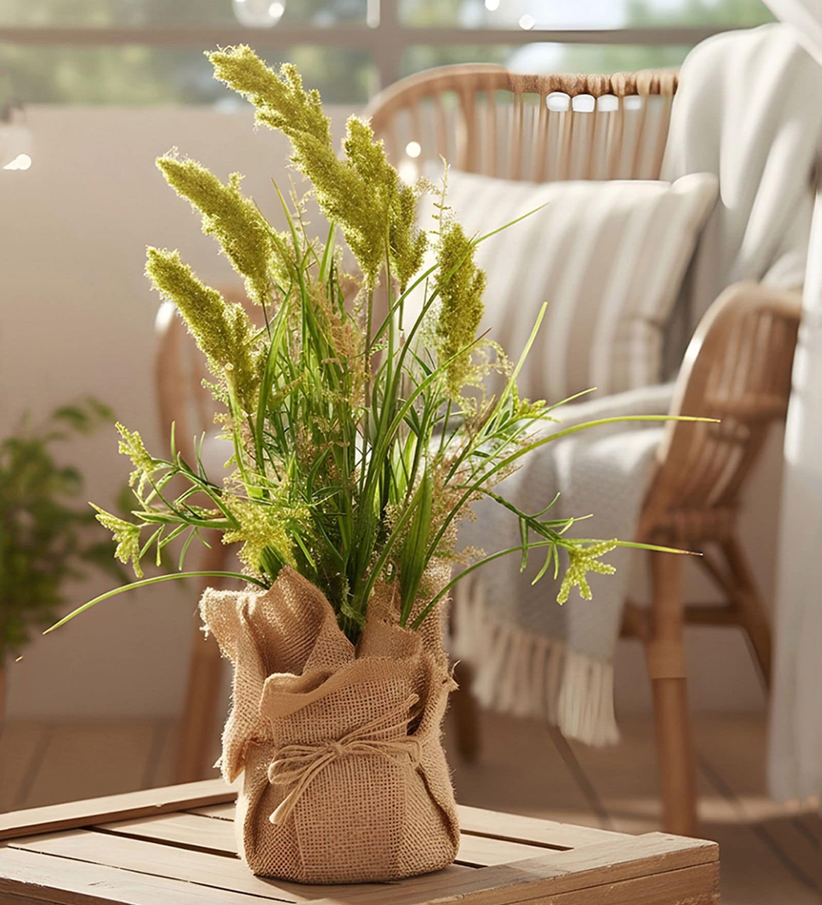 Green Silk Plastic And Jute Faux Pampas Grass Arrangement Flower Bunch With Jute Wrap