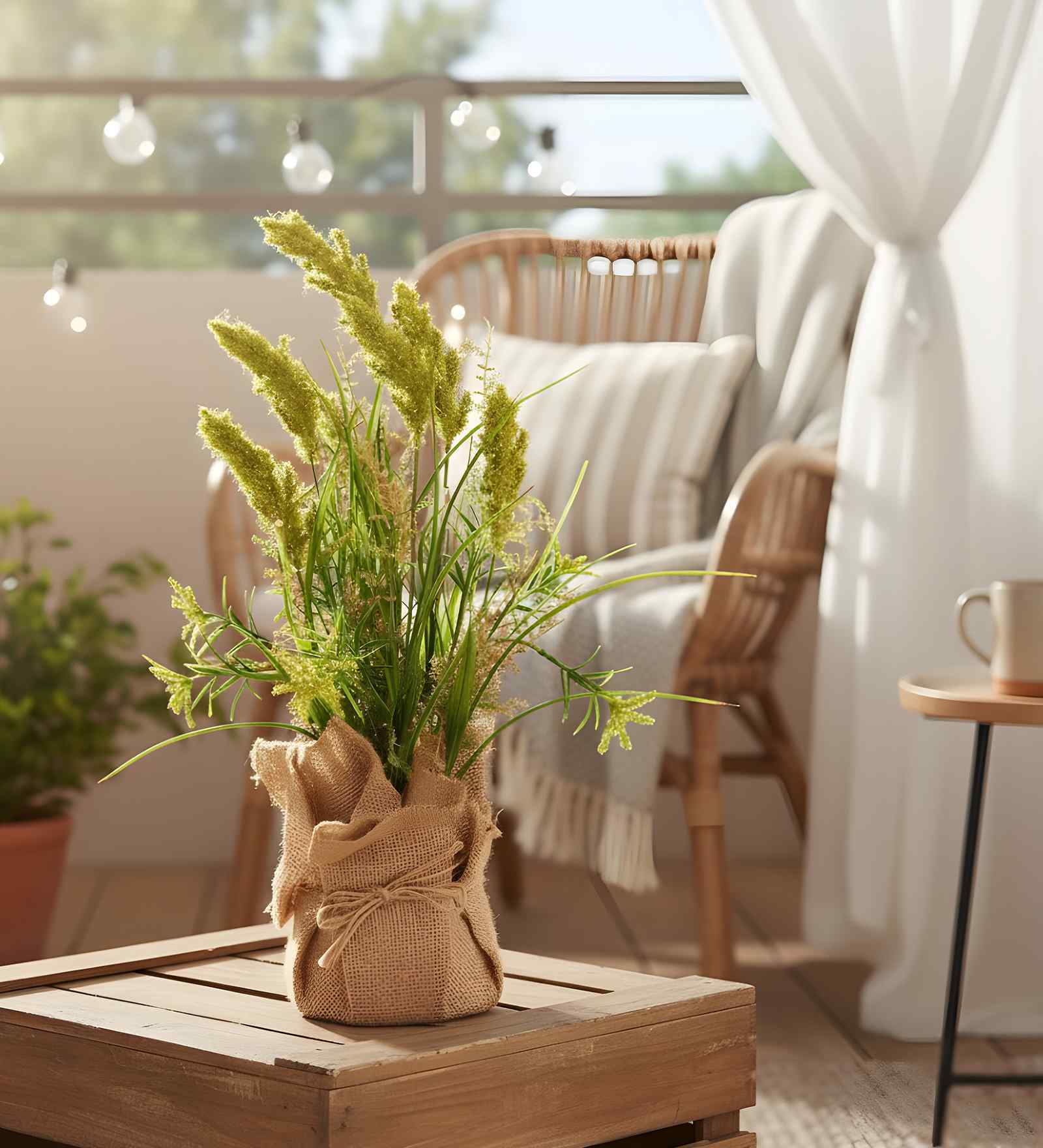 Green Silk Plastic And Jute Faux Pampas Grass Arrangement Flower Bunch With Jute Wrap