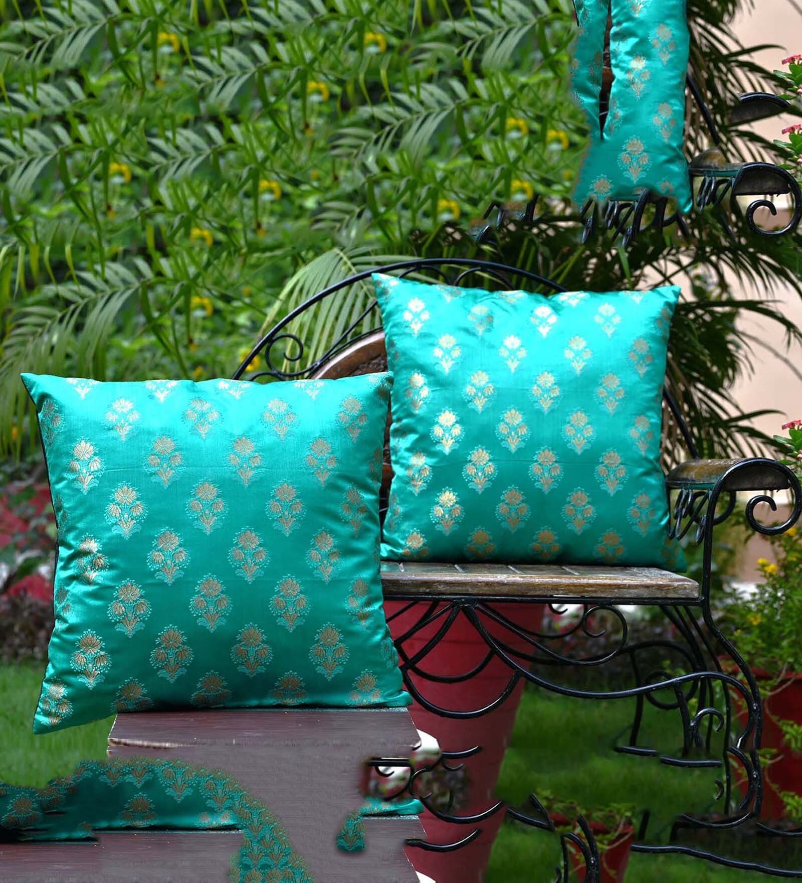 Green Traditional Silk 16 x 16 Inches Cushion Cover (Set of 2)