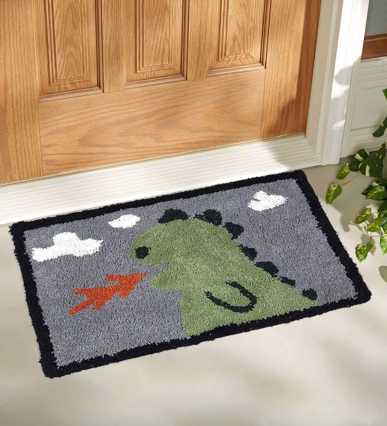 Green Dino Cotton 24x16 Inches AntiSkid Door Mat (1Pc)