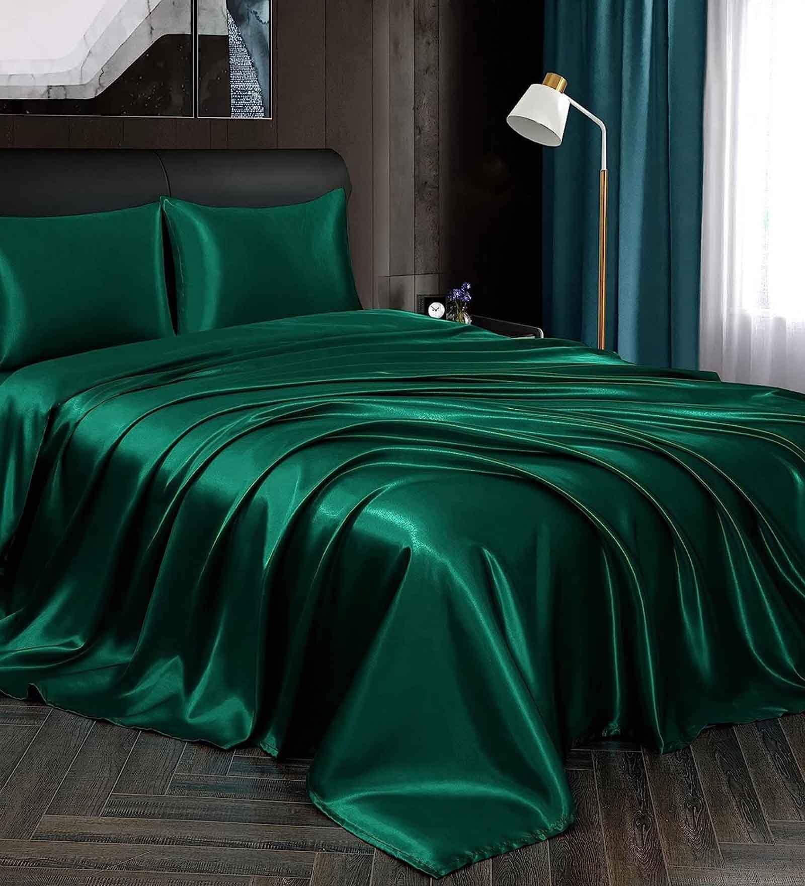 Green Solid 400 TC Satin Single Fitted Bedsheet with 2 Satin Pillow covers