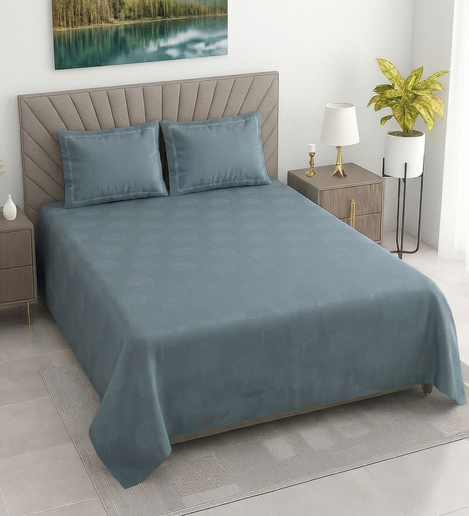 Green Solid 500 TC Cotton Satin Superking Size Bedsheet With 2 Pillow Covers