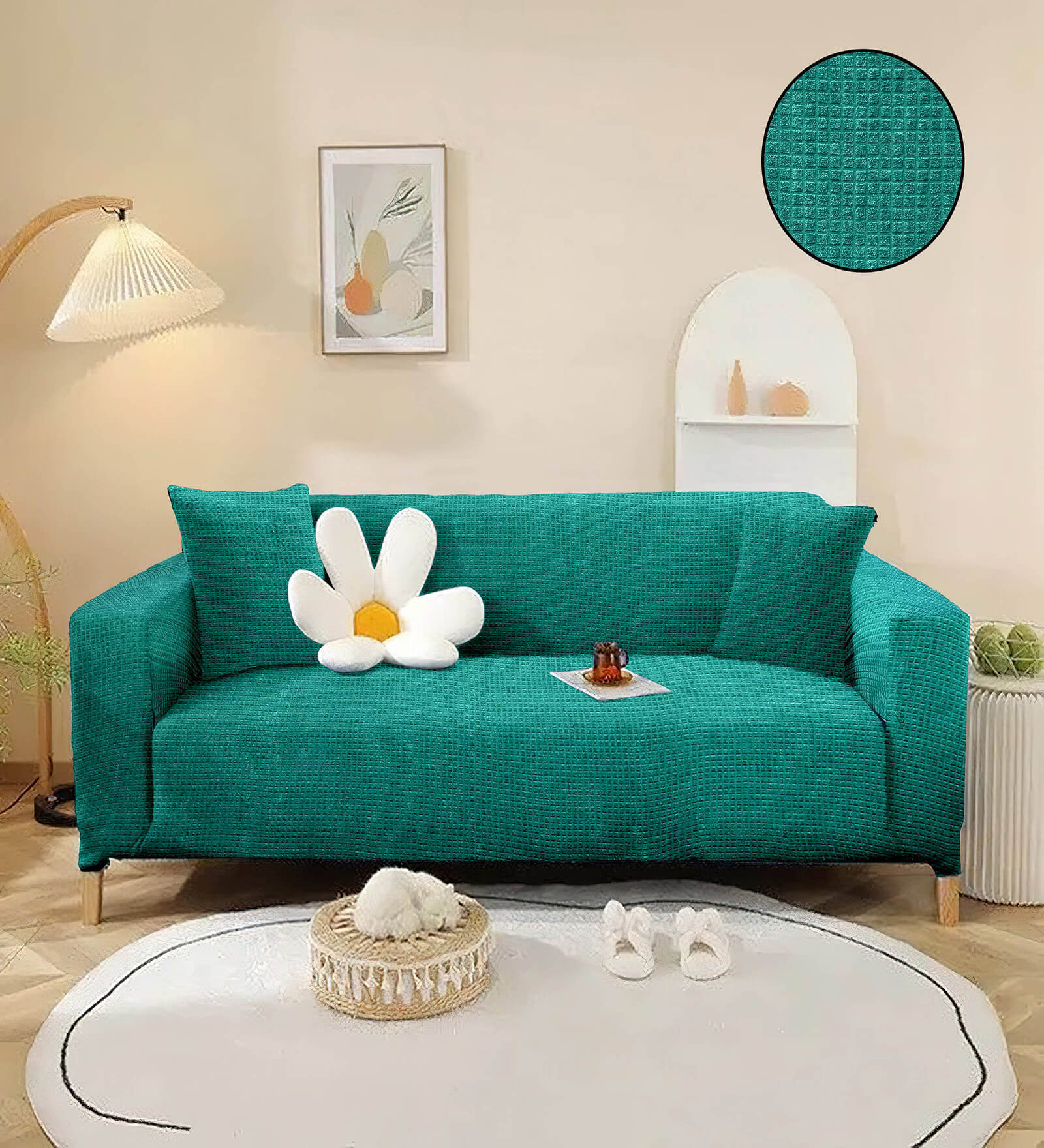 Green Solid Jacquard 3 Seater Stretchable Sofa Cover