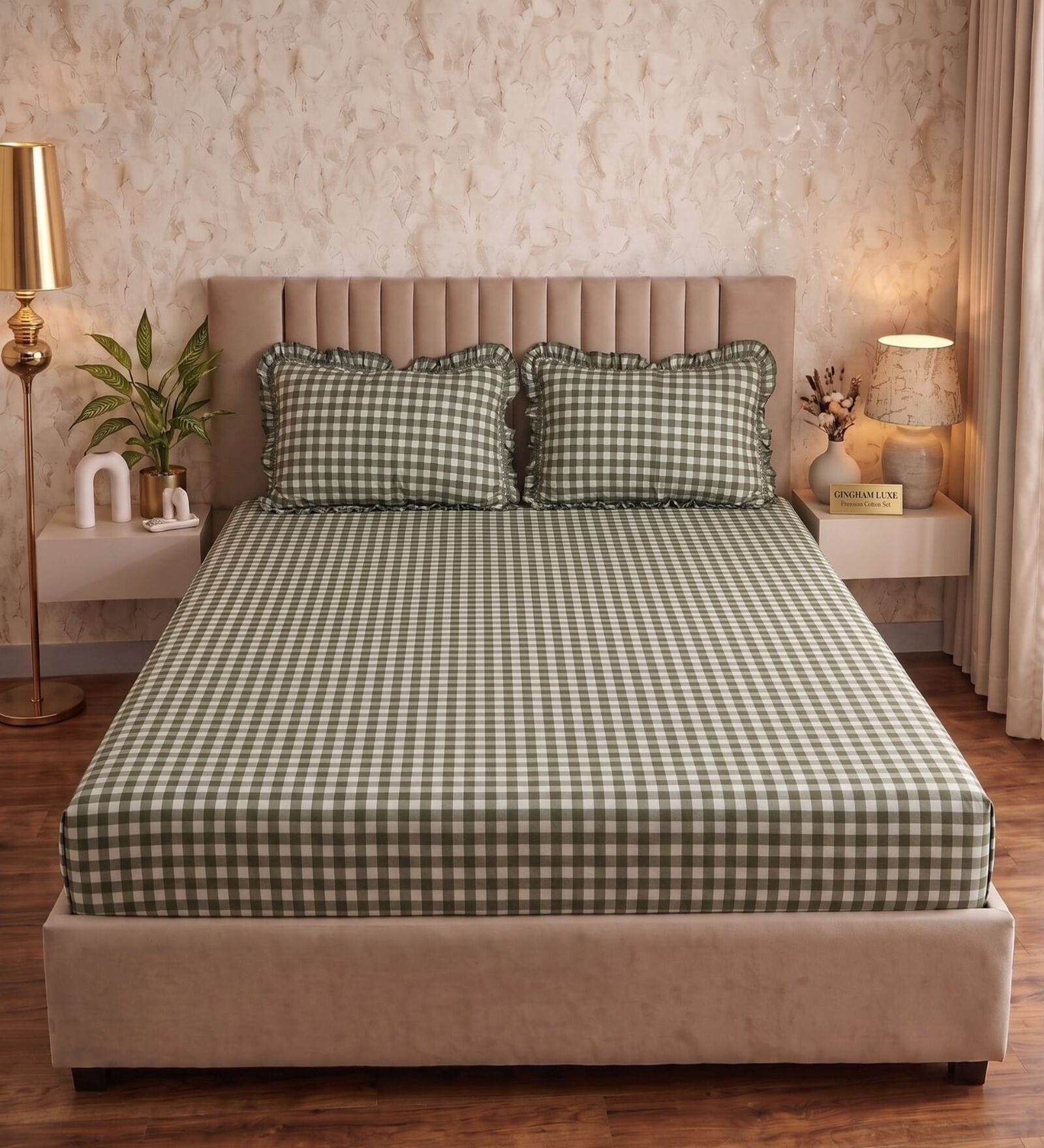 Green Checkered Polycotton Double King Fitted Bedsheet With 2 Frill Pillow Covers