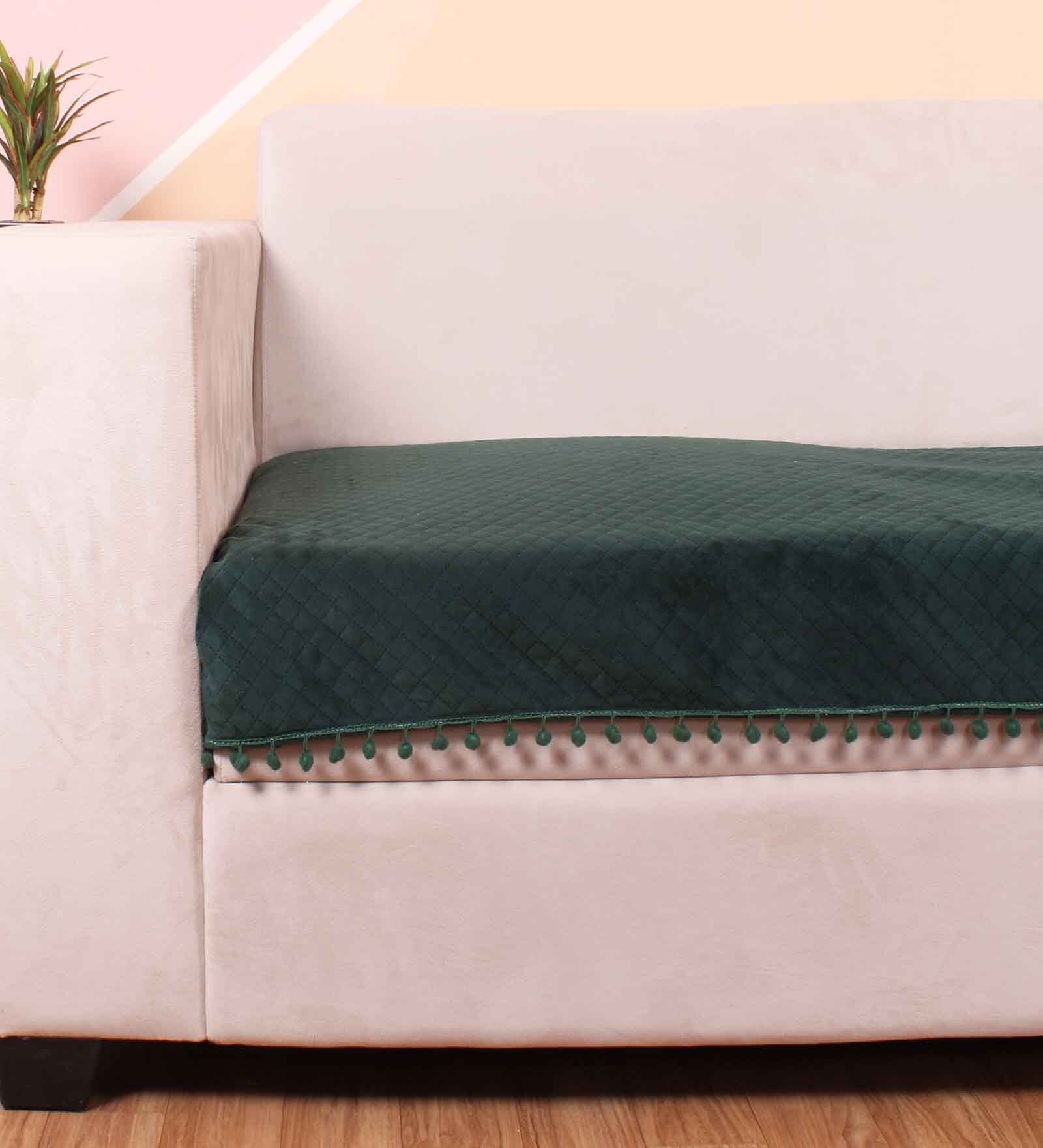 Green Solid Velvet 1 Seater Quilted Sofa Cover (Protector) with Pompom