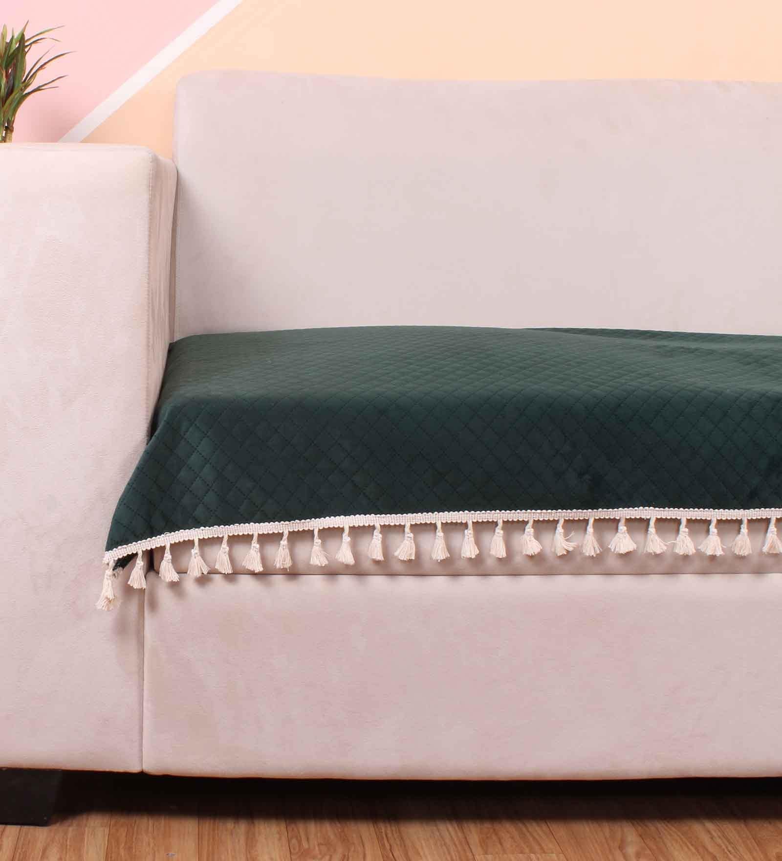 Green Solid Velvet 1 Seater Quilted Sofa Cover (Protector) with Tassel