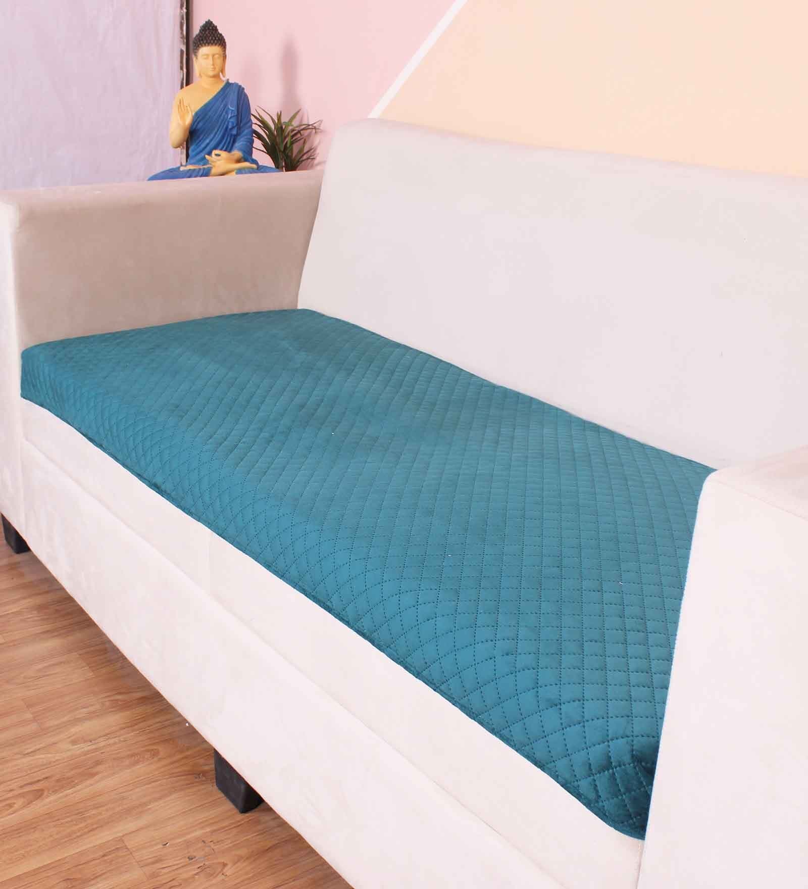 Green Solid Velvet 2 Seater Quilted Sofa Cover (Protector)