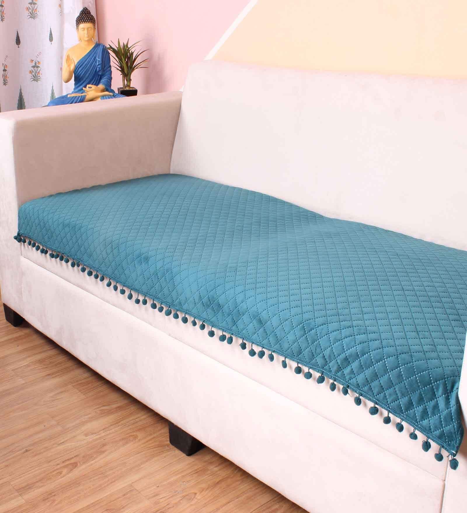 Turquoise Blue Solid Velvet 2 Seater Quilted Sofa Cover (Protector) with Pompom