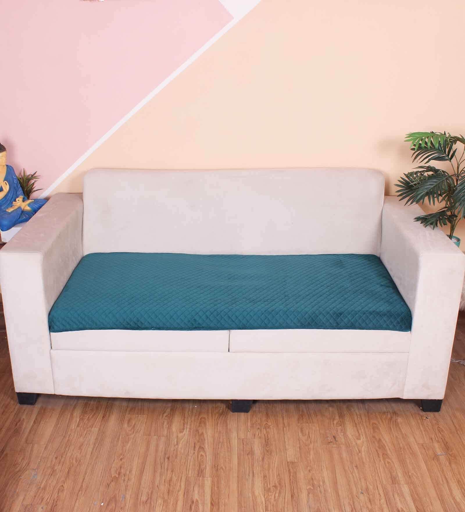 Green Solid Velvet 3 Seater Quilted Sofa Cover (Protector)