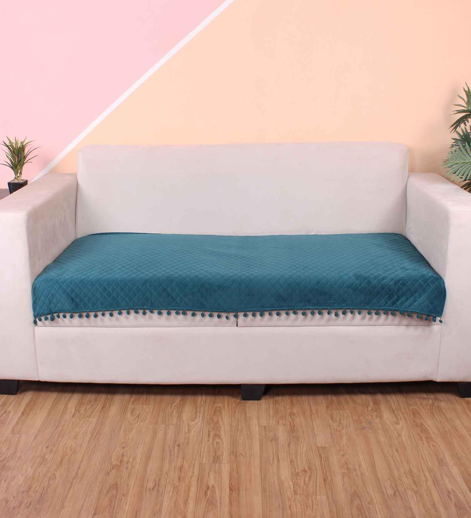 Turquoise Blue Solid Velvet 3 Seater Quilted Sofa Cover (Protector) with Pompom