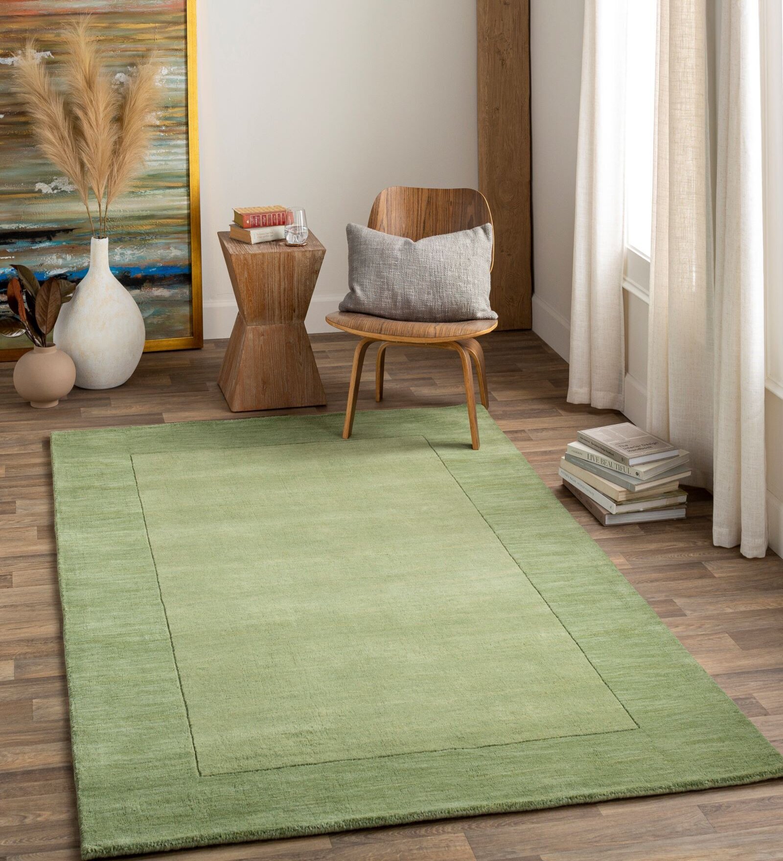 Green Solid Wool 5 ft x 7 ft Hand Woven Carpet