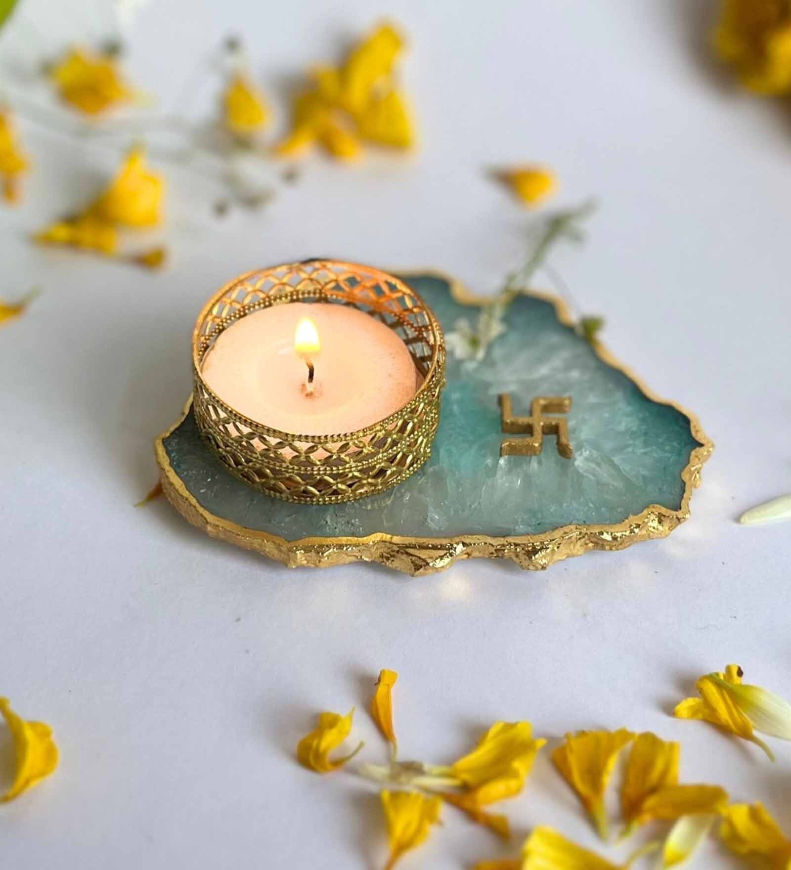 Green Stone Figurine Tea light Holder