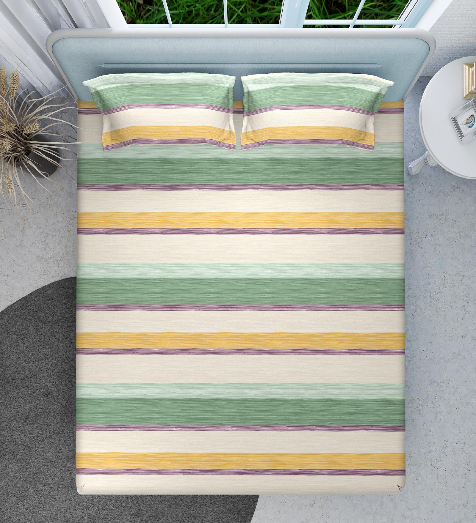 Green Stripe 144 TC Cotton Queen Sized Double Bedsheet with 2 Pillow Covers Nautical Stripes Collection