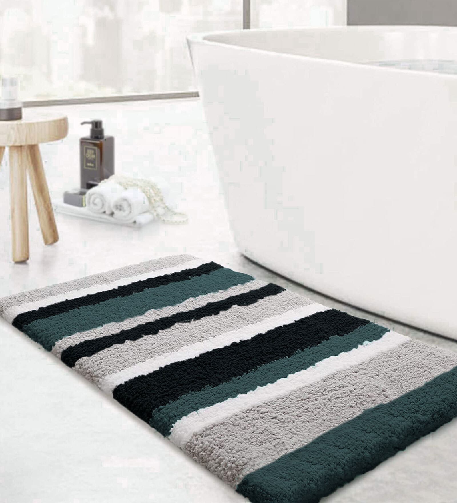 Green Stripe Microfibre 30x18 Inches AntiSkid Bath Mat