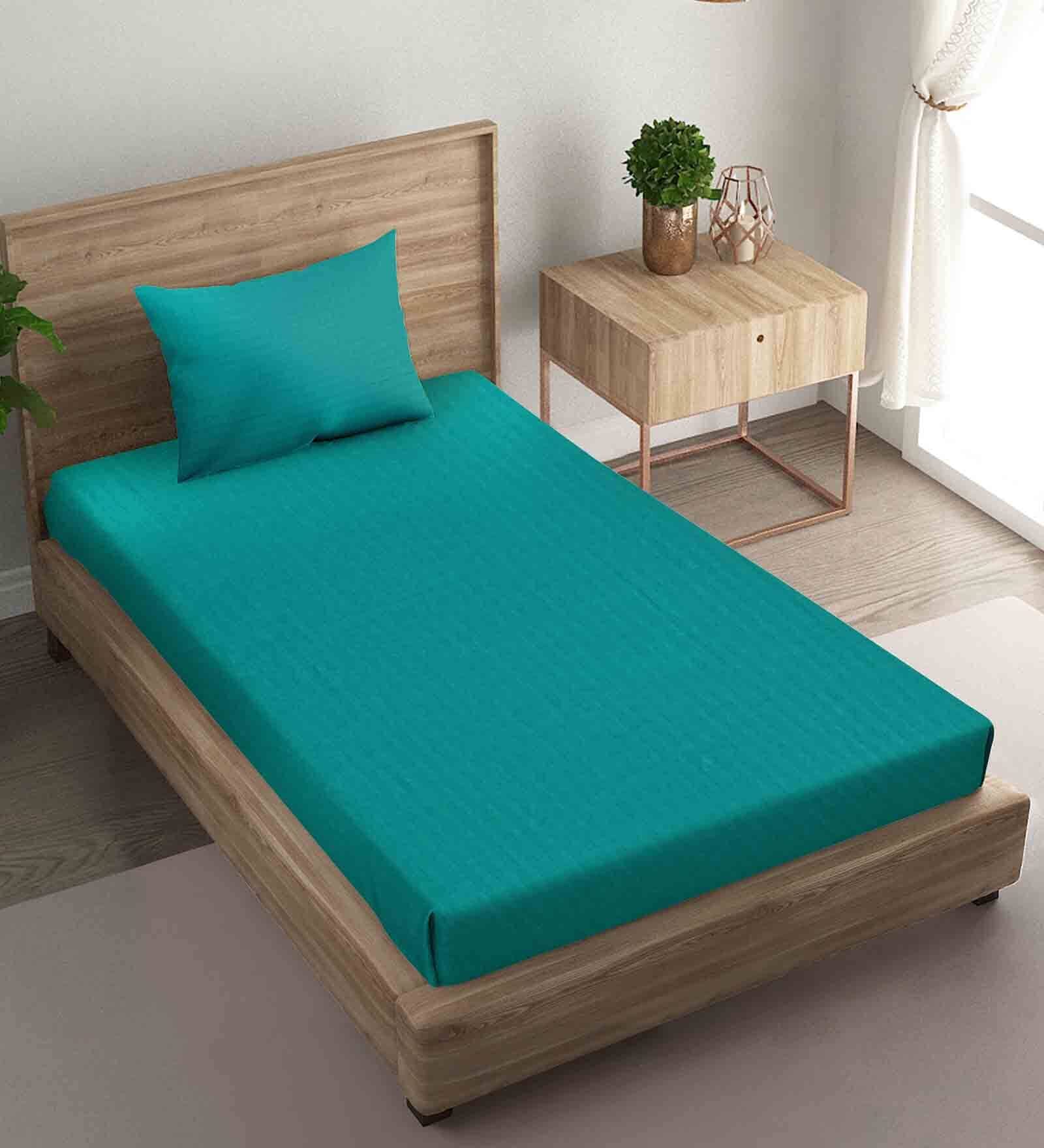 Buy Teal Striped 210 TC Satin Single Bed Sized Bed Sheets With 1 Pillow Cover by Naksh at 47