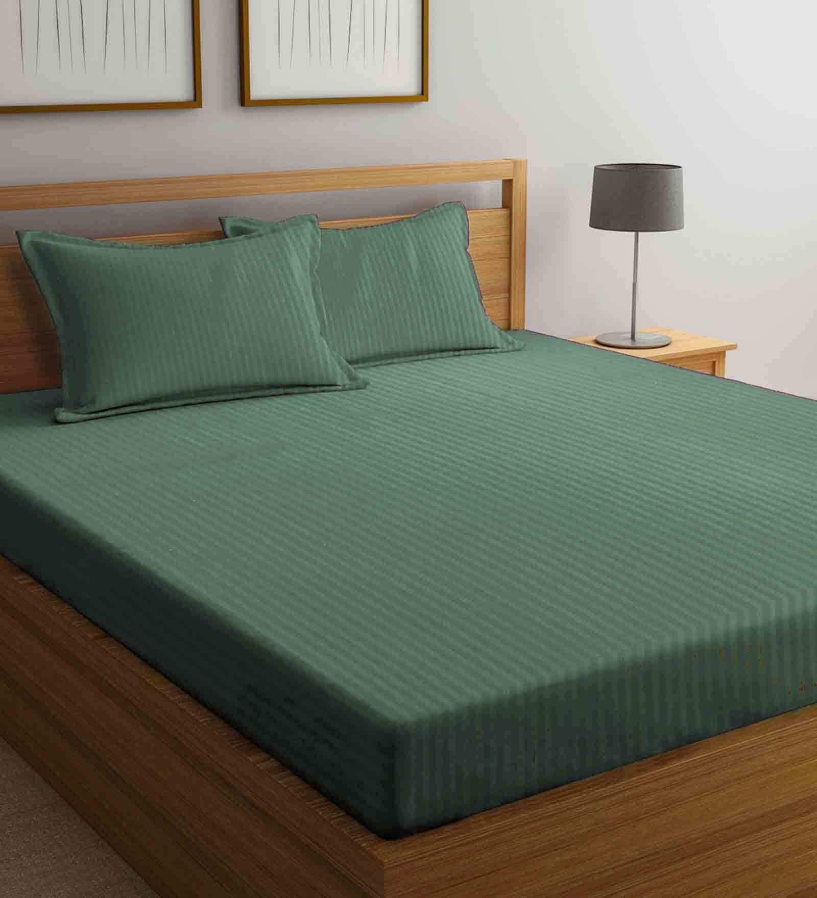 Green Striped 210 TC Poly Cotton Queen Sized Bed Sheets with 2 Pillow Covers