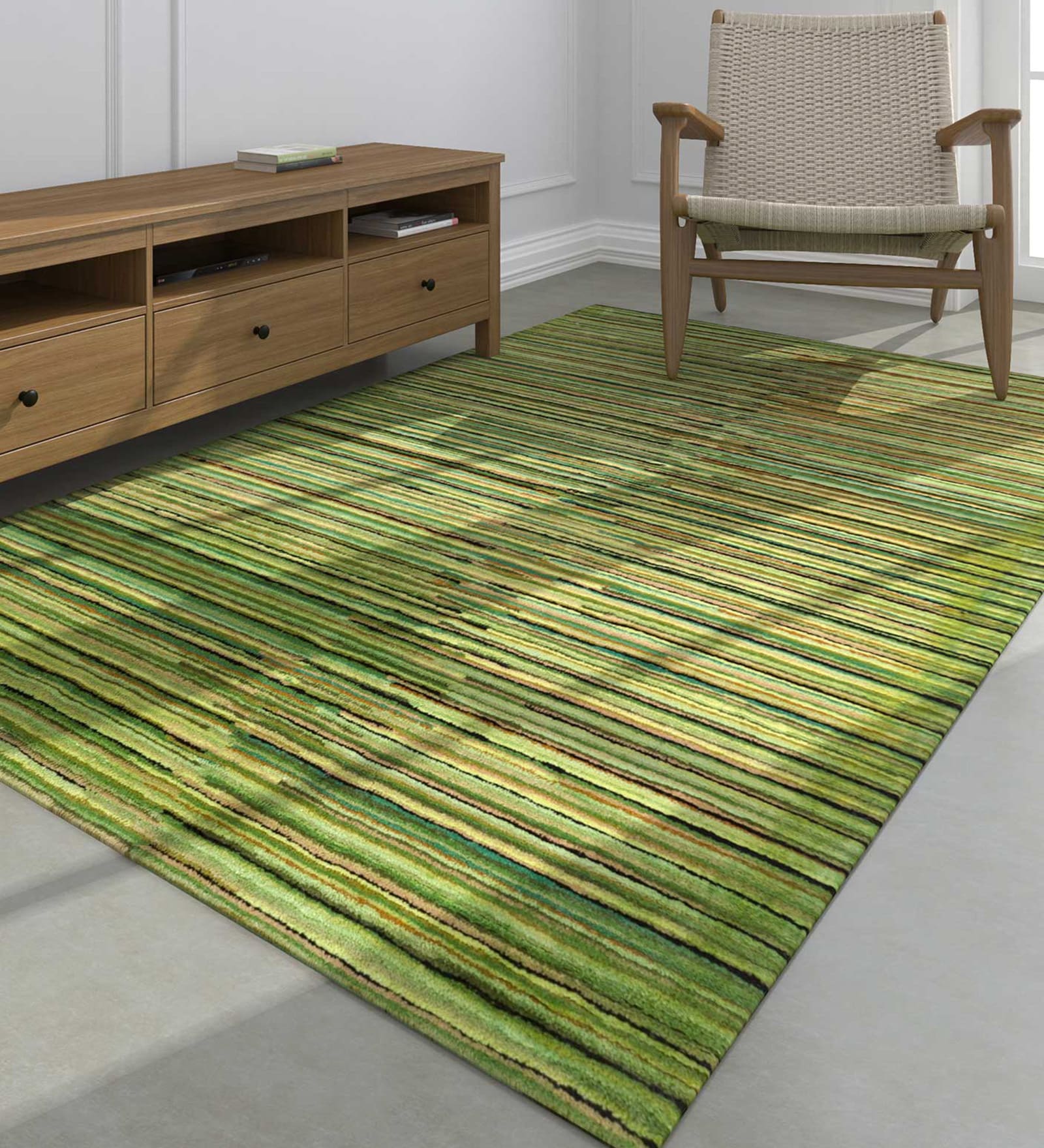 Green Stripes Wool & Viscose 6 ft x 9 ft Hand Tufted Carpet