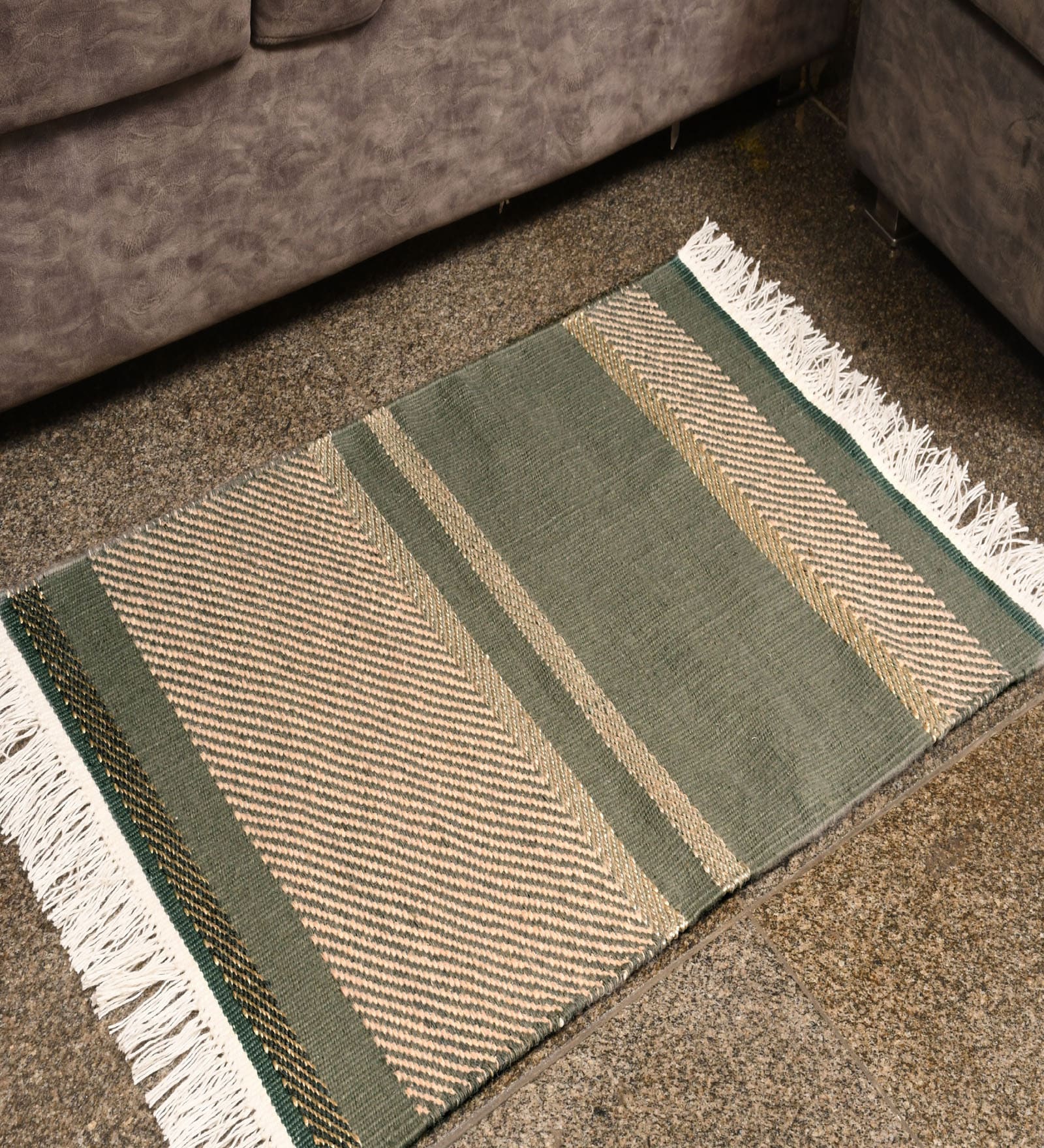 Green Stripes Wool And Polyester Hand Woven Carpet
