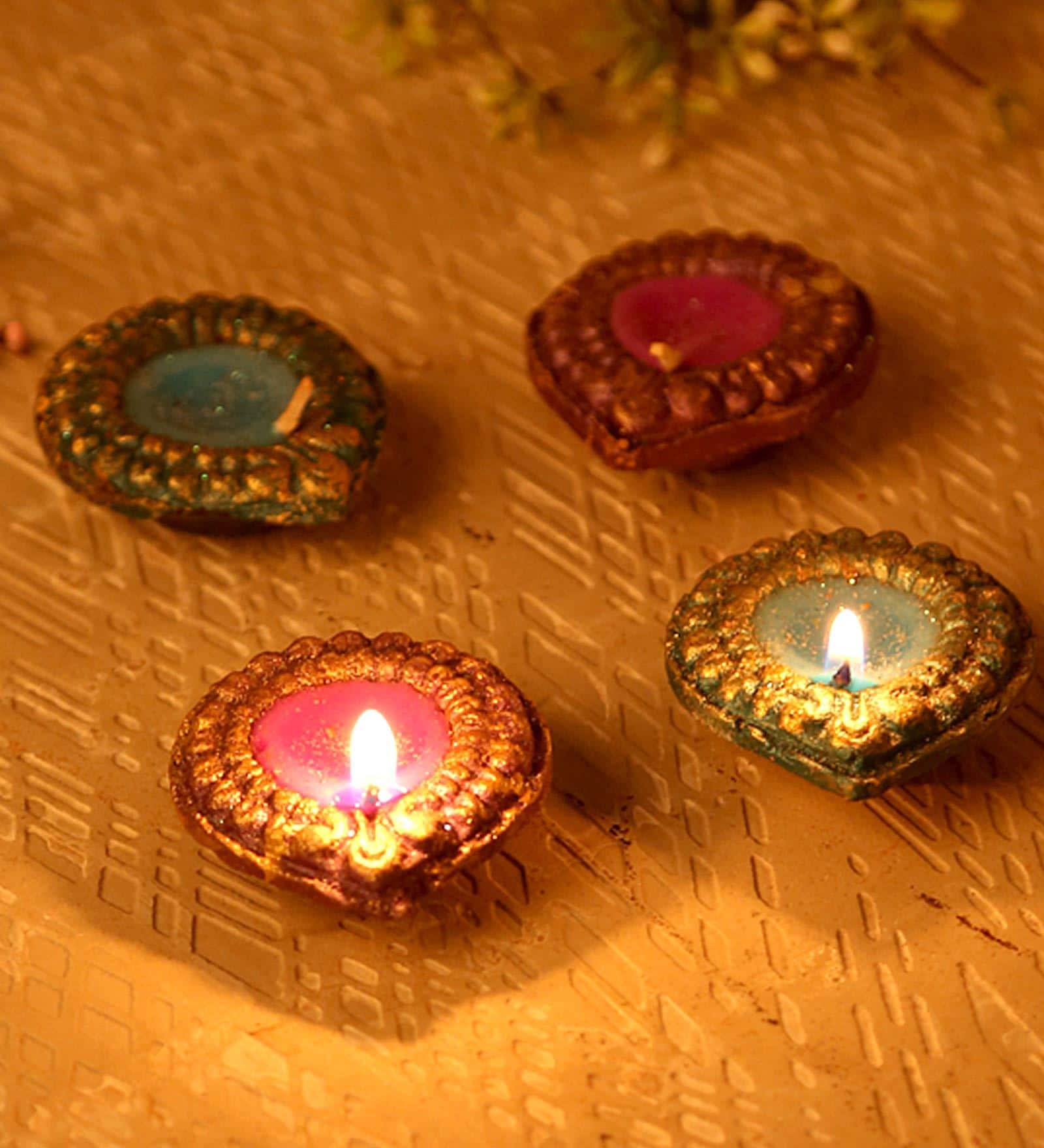 Green Terracotta Handcrafted Wax Filled Diyas Set Of 4,