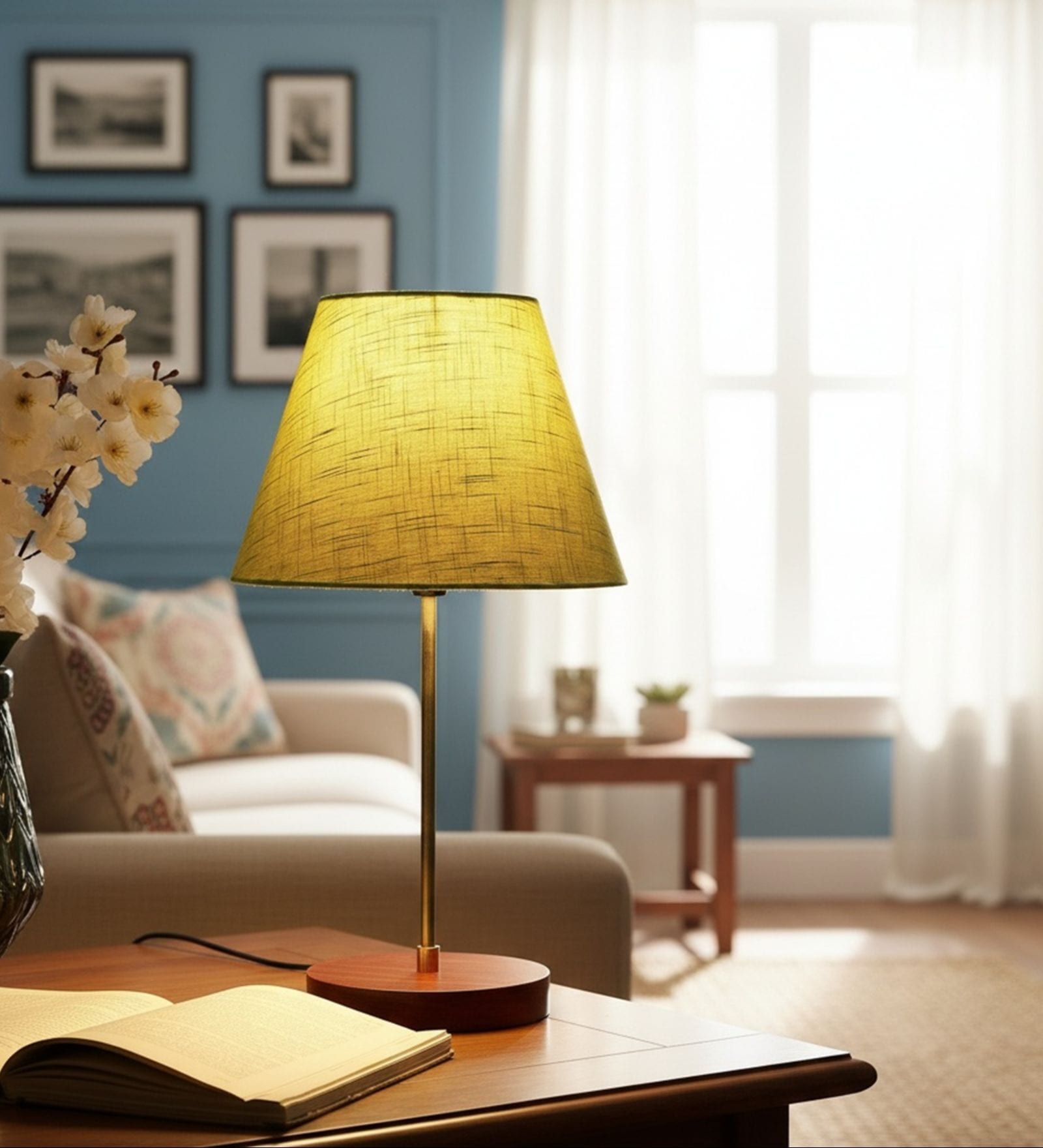 Green Texture Fabric Shade Table Lamp, Brown Wooden Base Bedside & Desk Light for Bedroom, Living Room & Home Decor