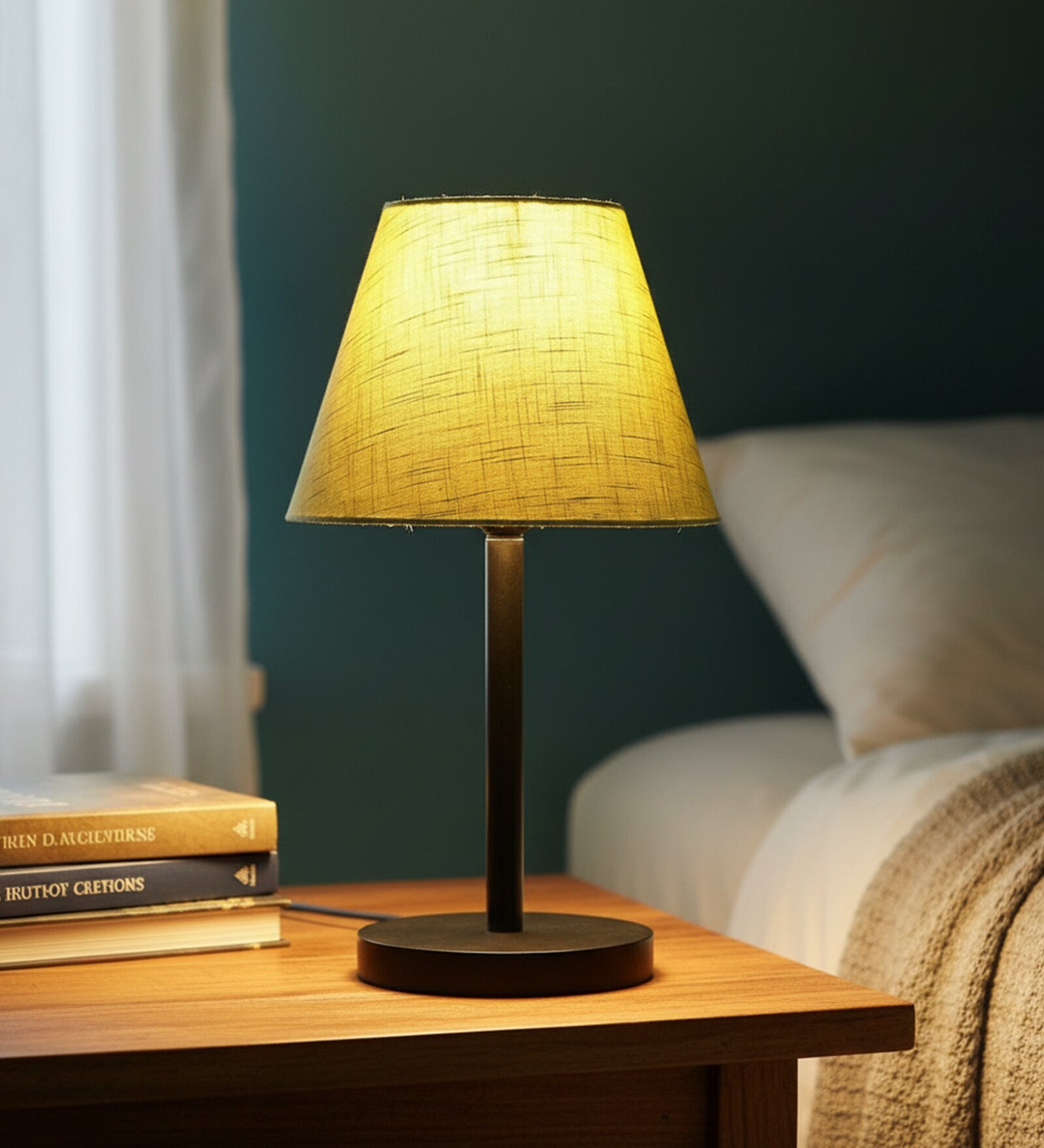 Green Texture Fabric Shade Table Lamp, Minimalist Bedside Lamp with Metal Base for Bedroom, Living Room & Study
