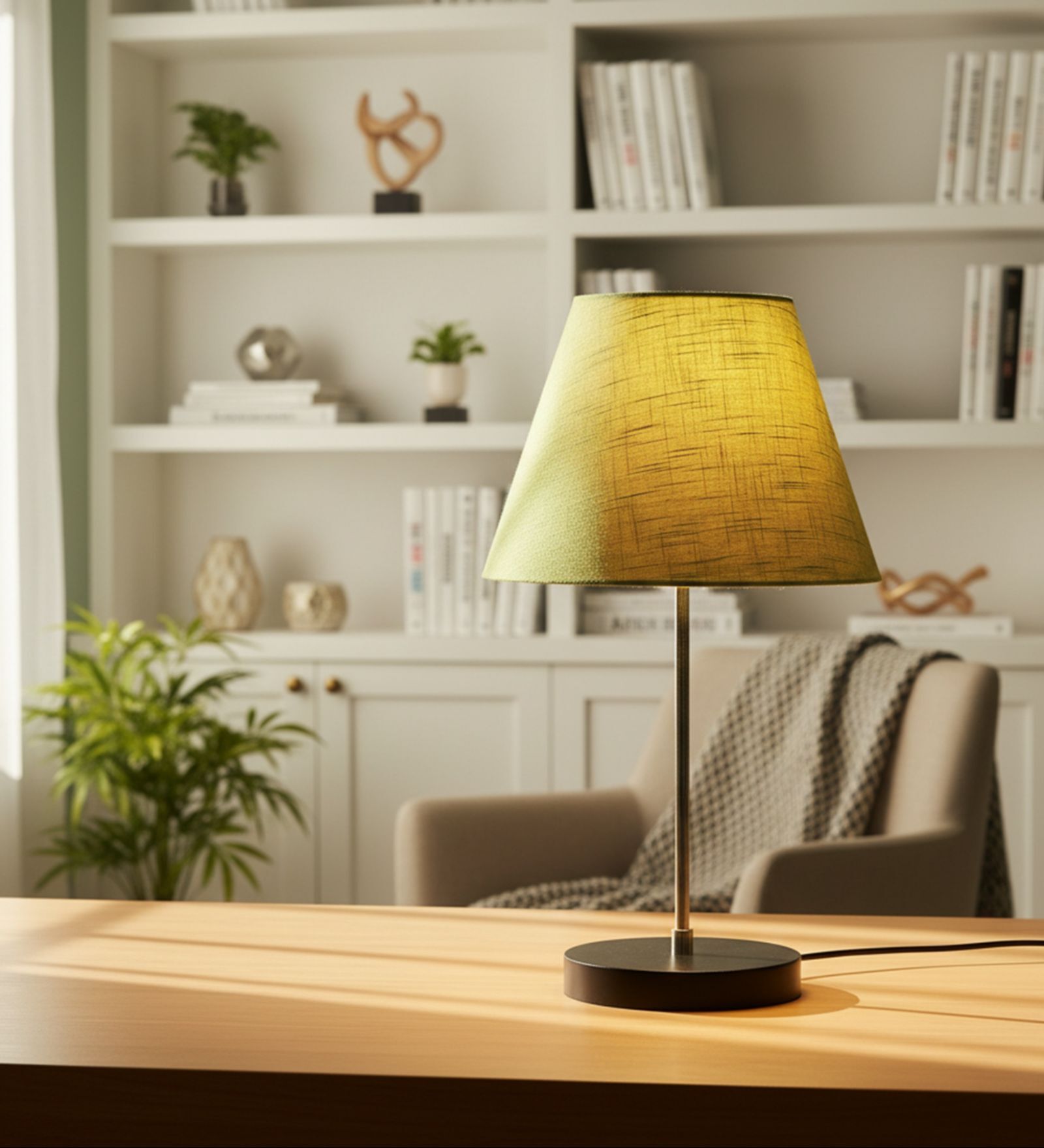 Green Texture Fabric Shade with Modern Silver & Black Table Lamp for Bedroom & Living Room