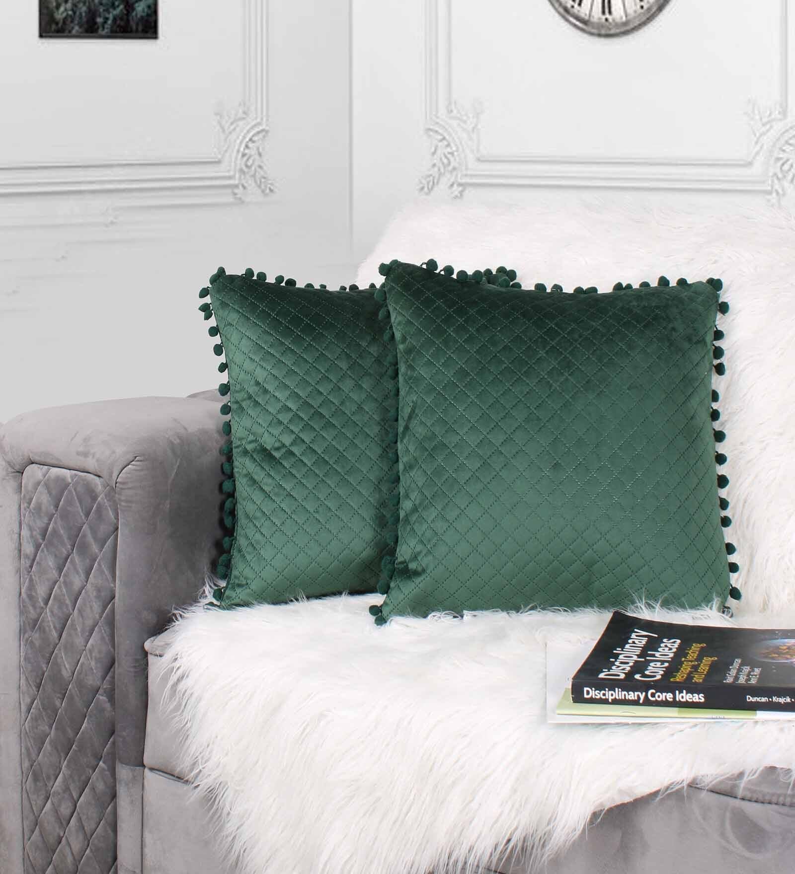 Green Textured Velvet 12 x 12 Inches Cushion Covers (Set of 2)