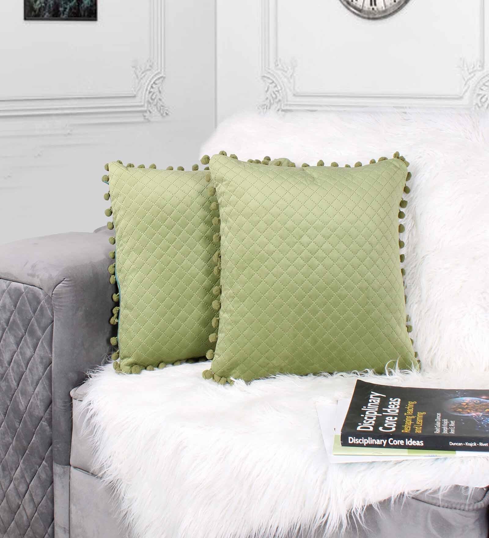 Green Textured Velvet 12 x 12 Inches Cushion Covers (Set of 2)