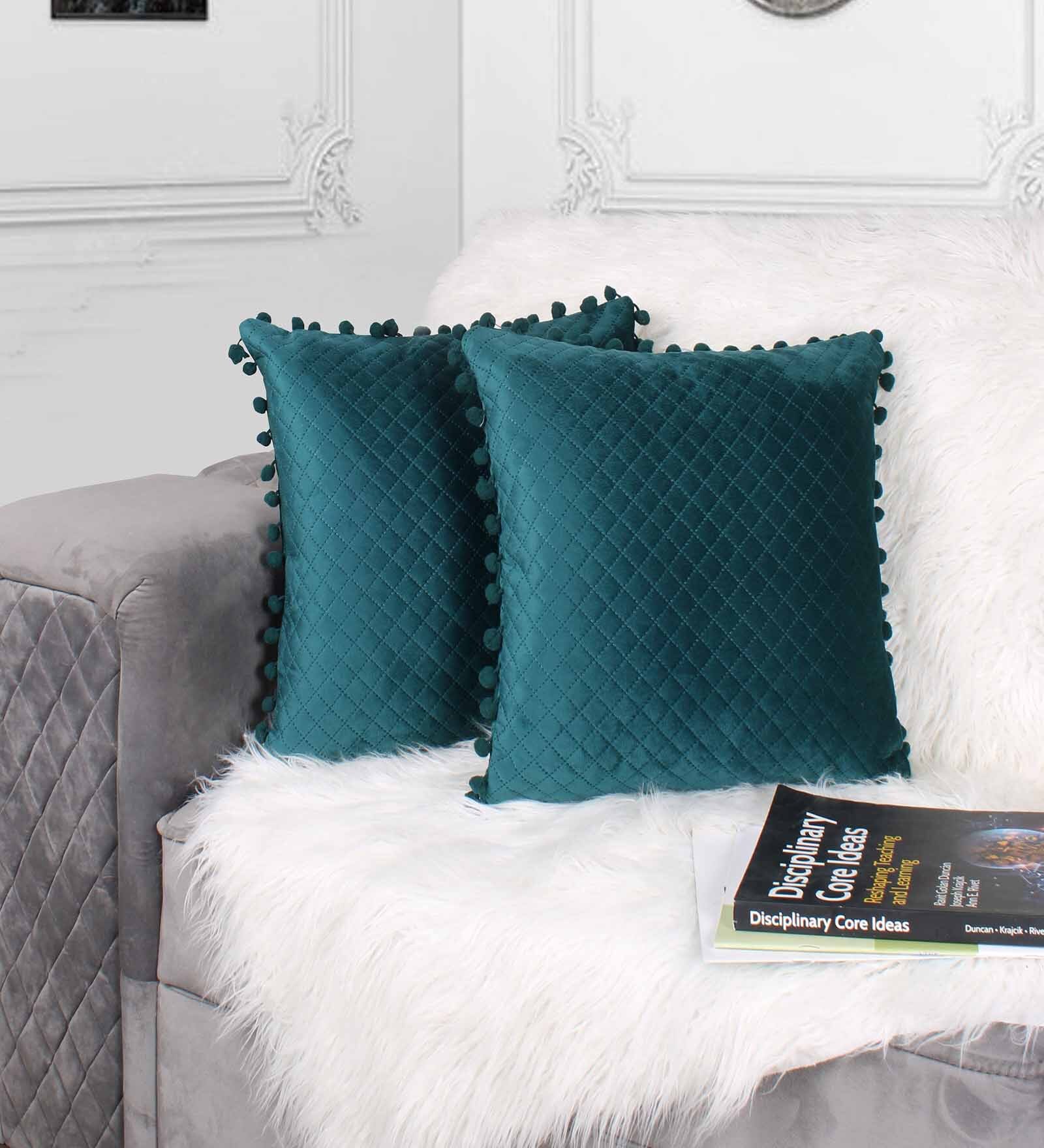 Green Textured Velvet 12 x 12 Inches Cushion Covers (Set of 2)