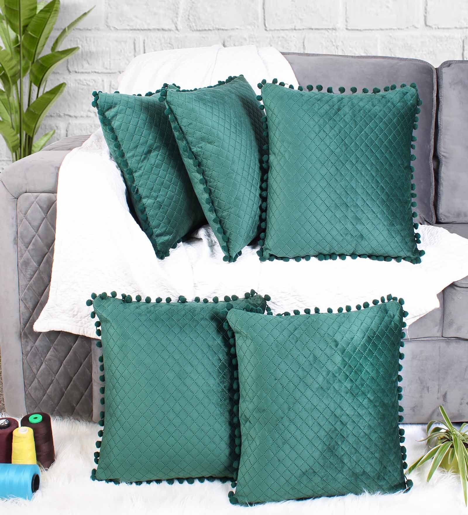 Green Textured Velvet 16 x 16 Inches Cushion Covers (Set of 5)