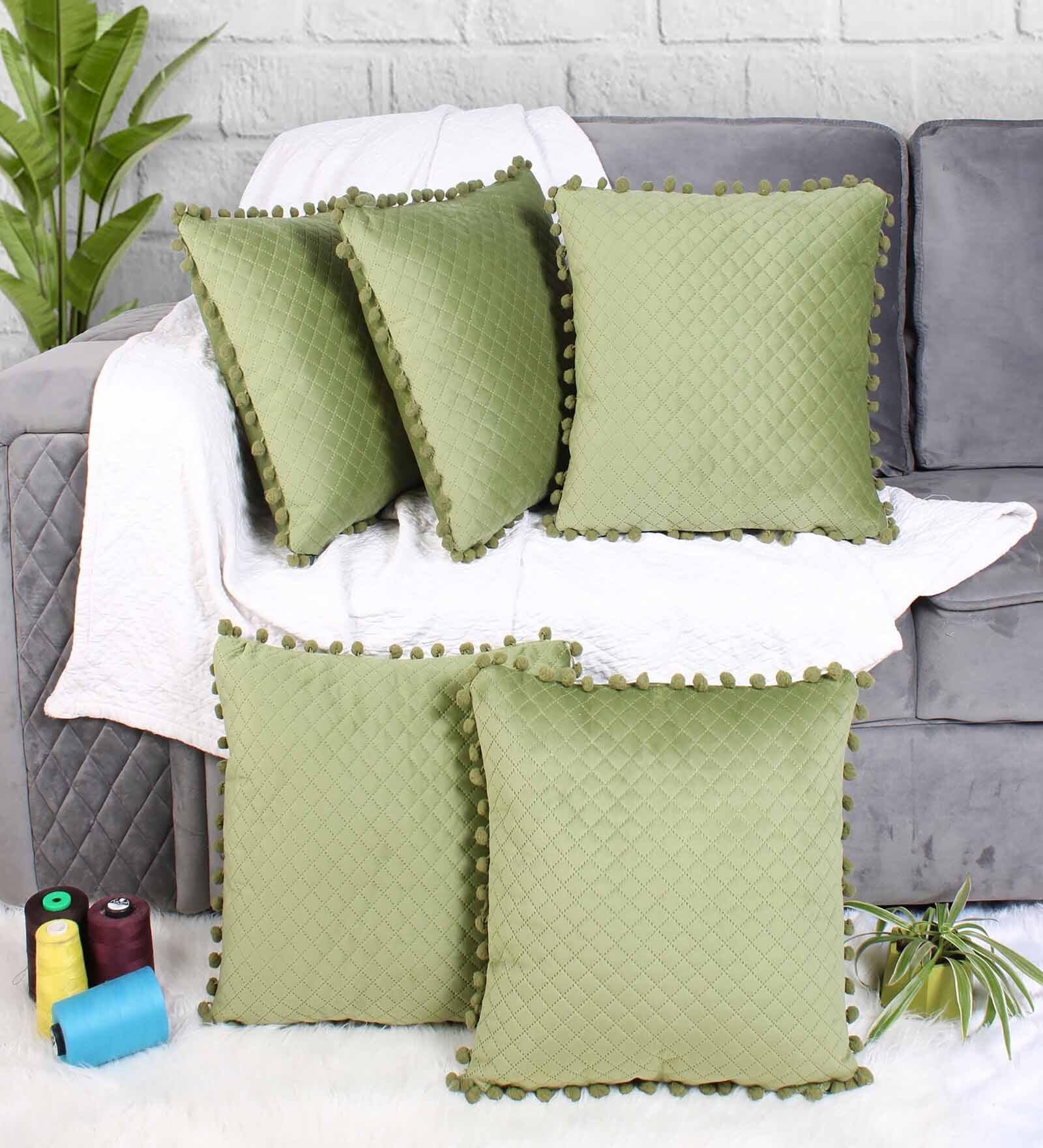 Green Textured Velvet 16 x 16 Inches Cushion Covers (Set of 5)