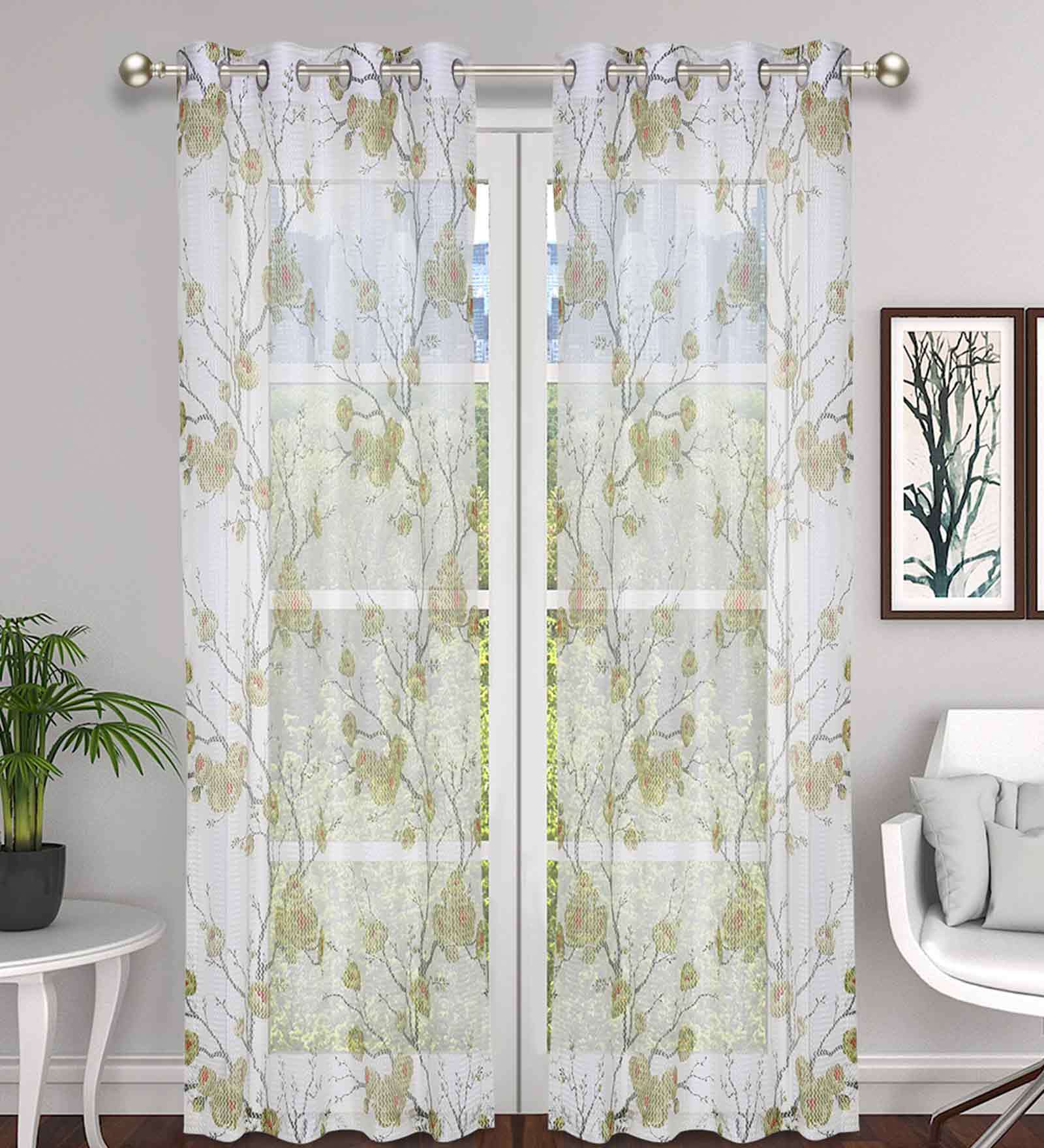 White Floral Tissue 7 Ft Semisheer Eyelet Door Curtains (Set of 2)