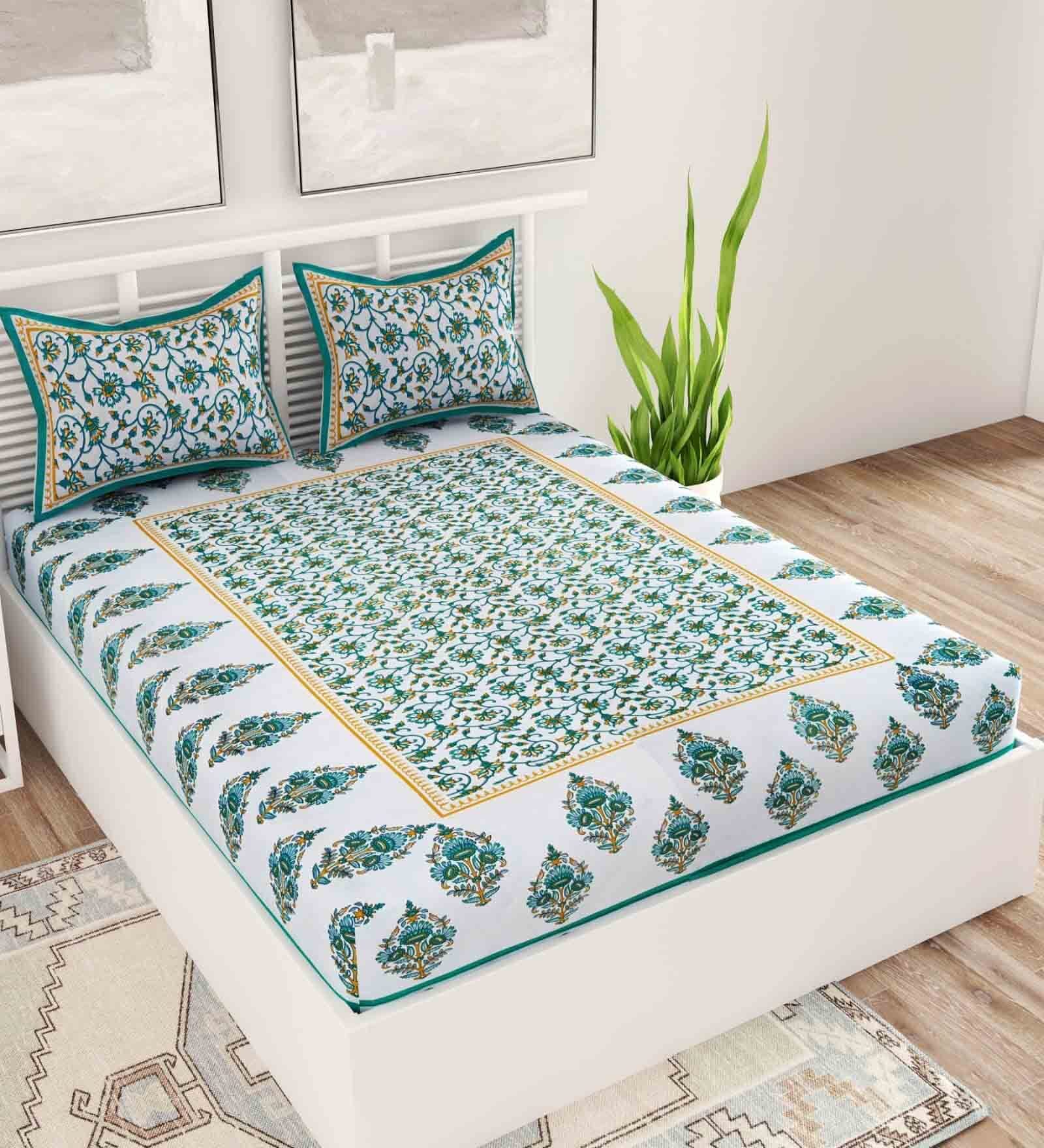 Green Traditional 120 TC 100% Cotton Queen Bedsheet With 2 Pillow Covers