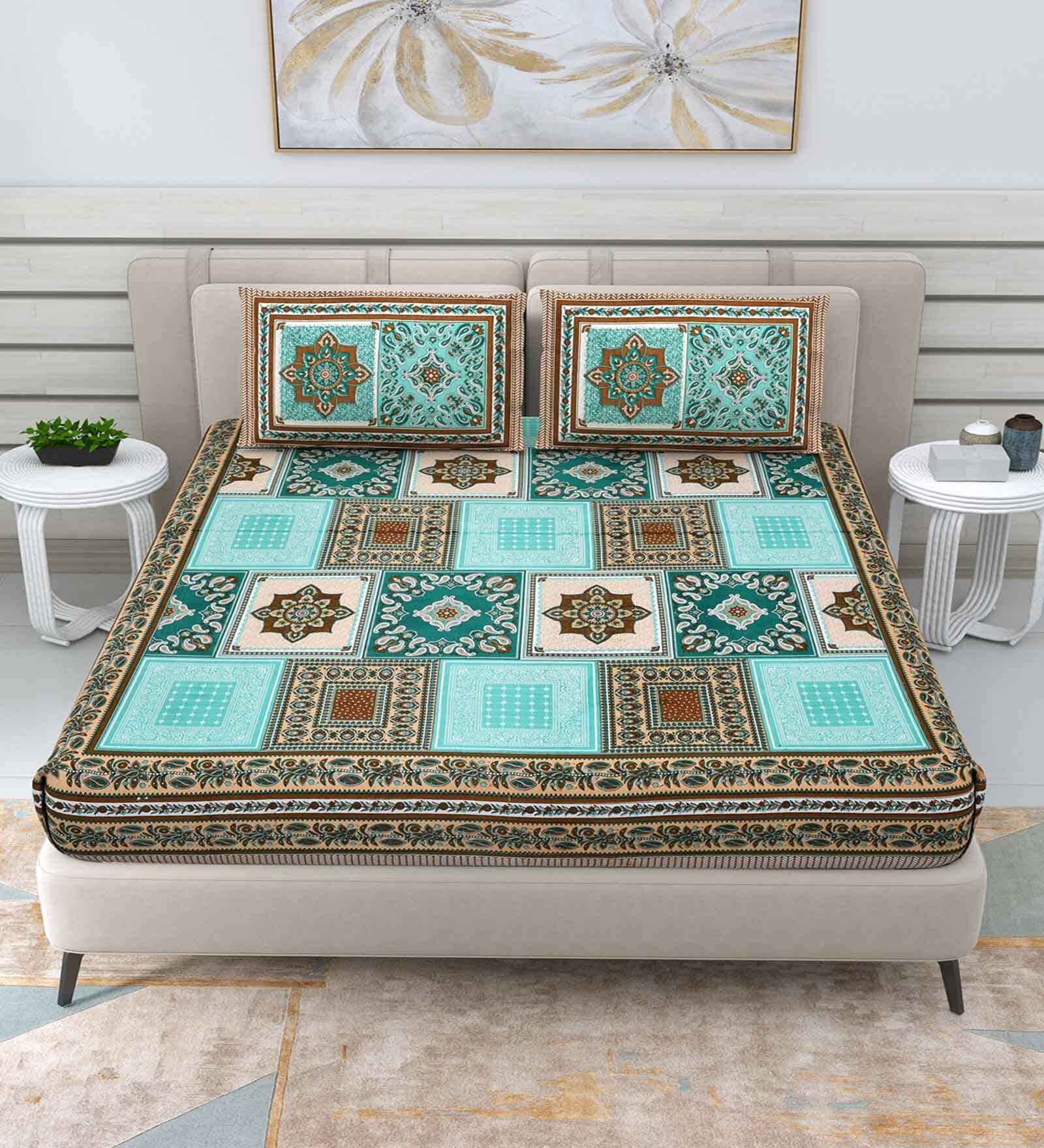 Green Traditional 144 TC Cotton Double Queen Bedsheet With 2 Pillow Covers