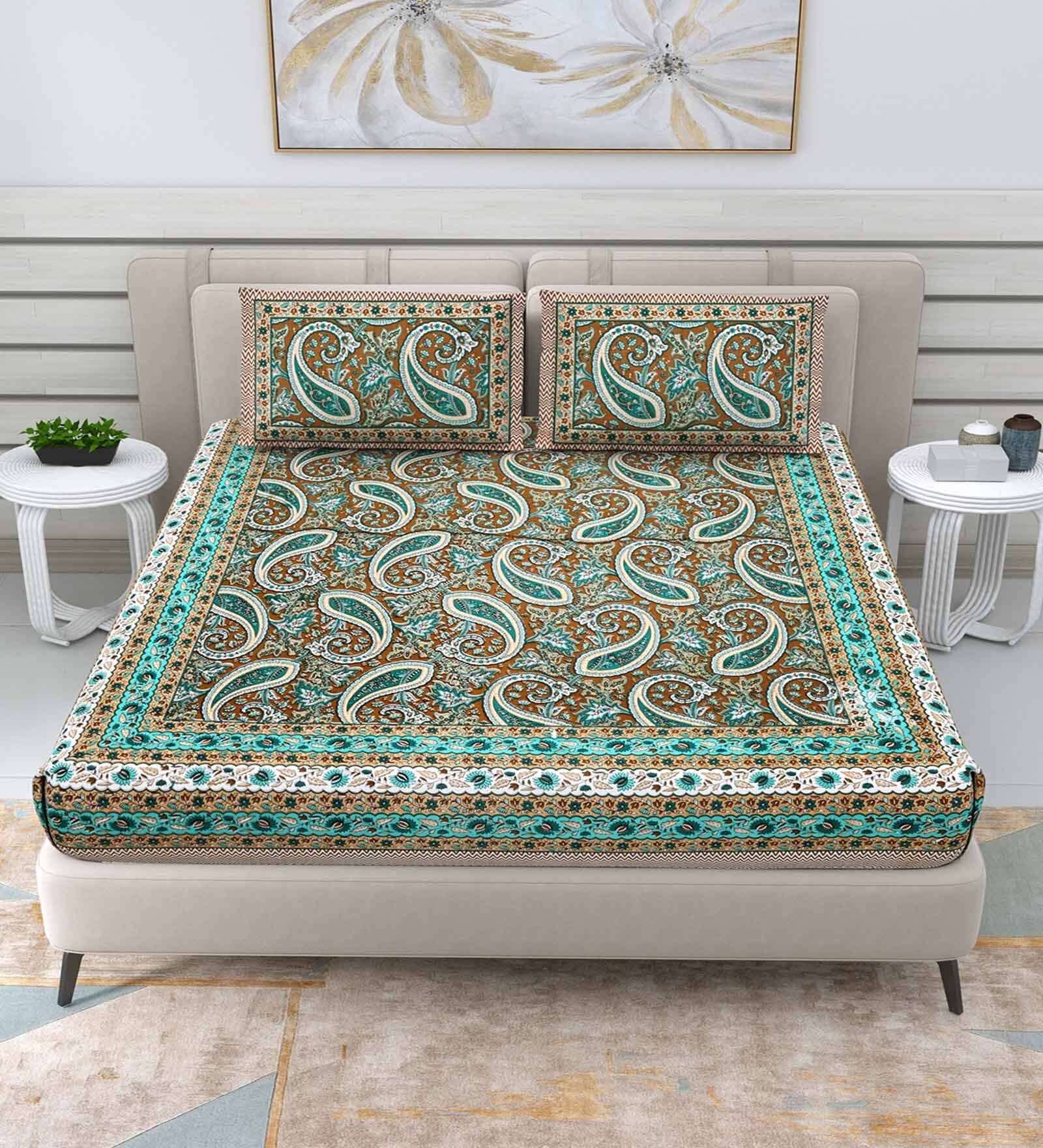 Green Traditional 144 TC Cotton Double Queen Bedsheet With 2 Pillow Covers