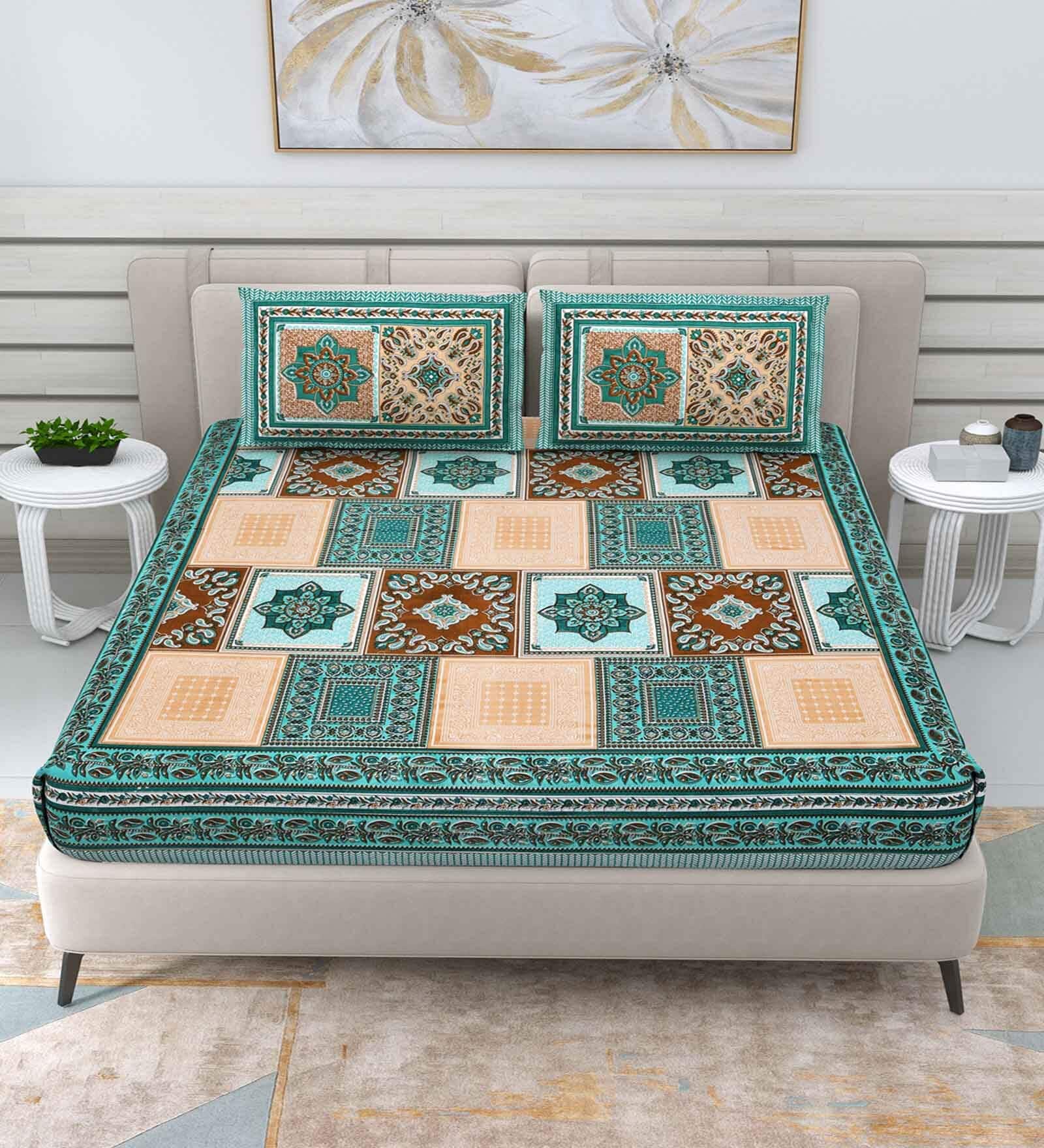 Green Traditional 144 TC Cotton Double Queen Bedsheet With 2 Pillow Covers