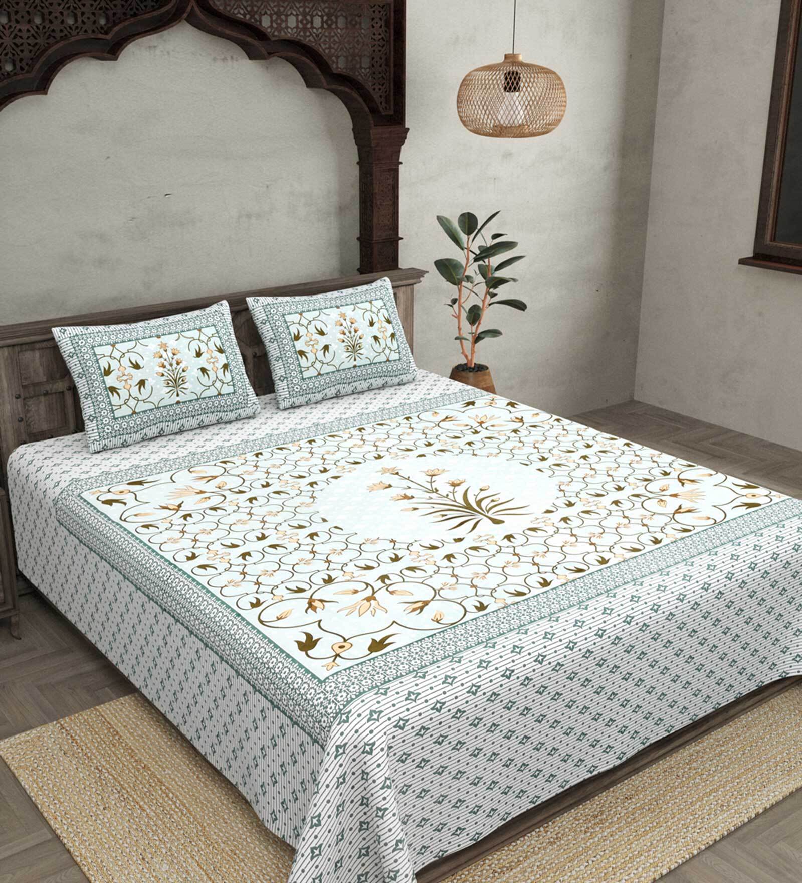 Green Floral 180 TC Cotton Queen Sized Bed Sheets with 2 Pillow Covers