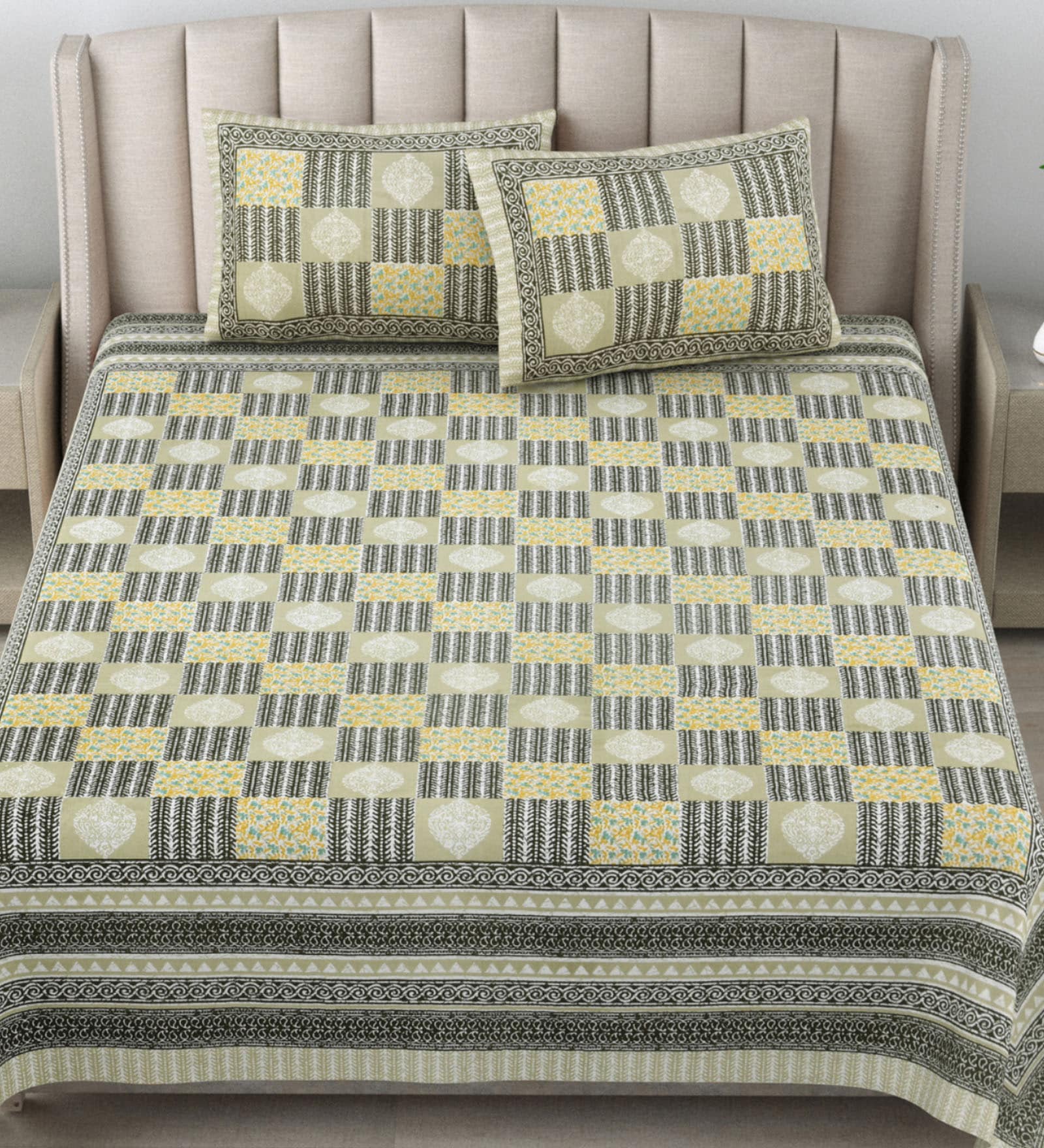 Green Traditional 180 TC Cotton Printed Bedsheet With Two Pillow Covers For Queen Bed (Block  Printed ,Green ,153 GSM)